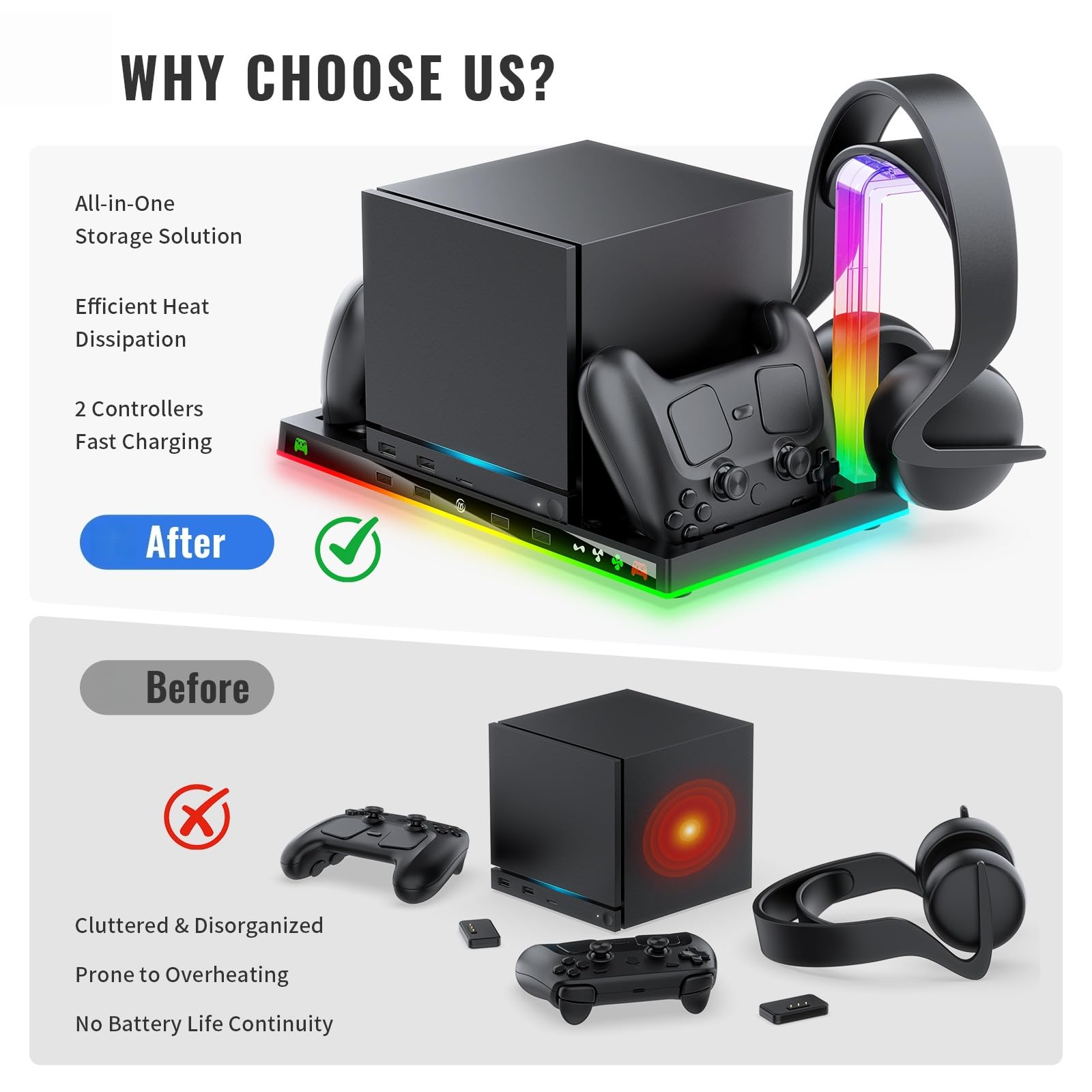 Base di ricarica per macchine a vapore Supporto caricabatterie doppio controller, supporto verticale con luce RGB per supporto controller vapore, supporto per cuffie dock di ricarica