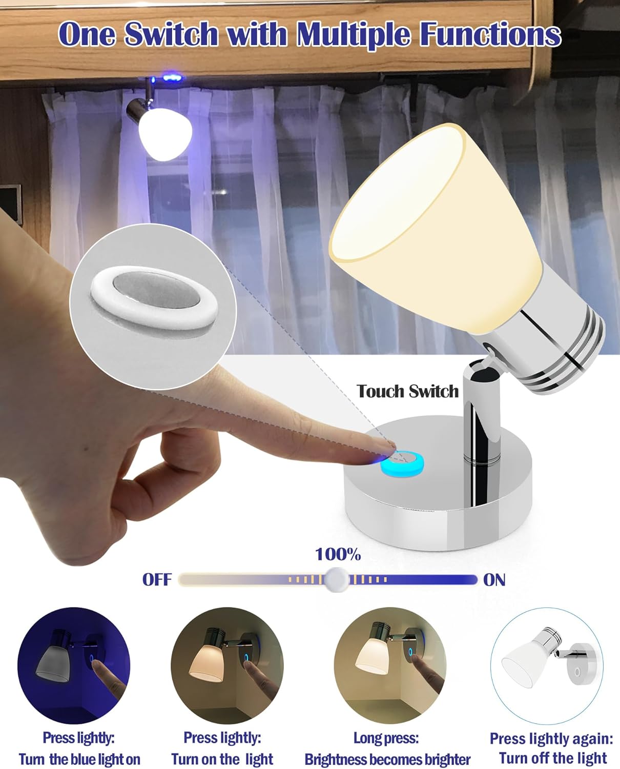 THALASSA Boat Reading Light 12V Interior LED Fixtures RV Reading Lamp Wall Sconce for Marine Caravan Camper Van Motorhome Indoor Lighting with Built-in Touch Dimmer Switch