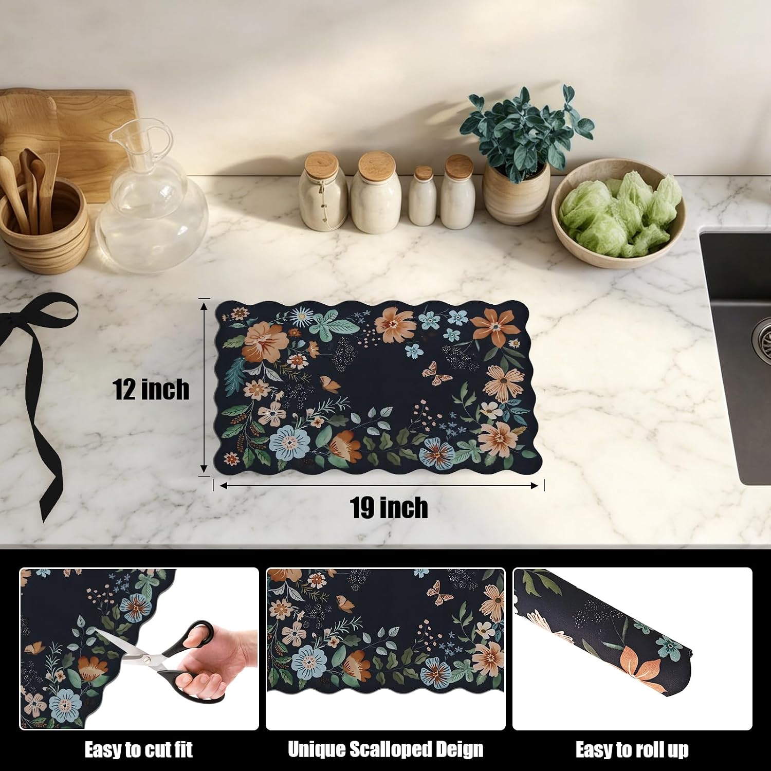 Scalloped Bohemian Coffee Bar Mat Dish Drying Mats for Kitchen Counter, Kitchen Decor,(12"x19", Black)