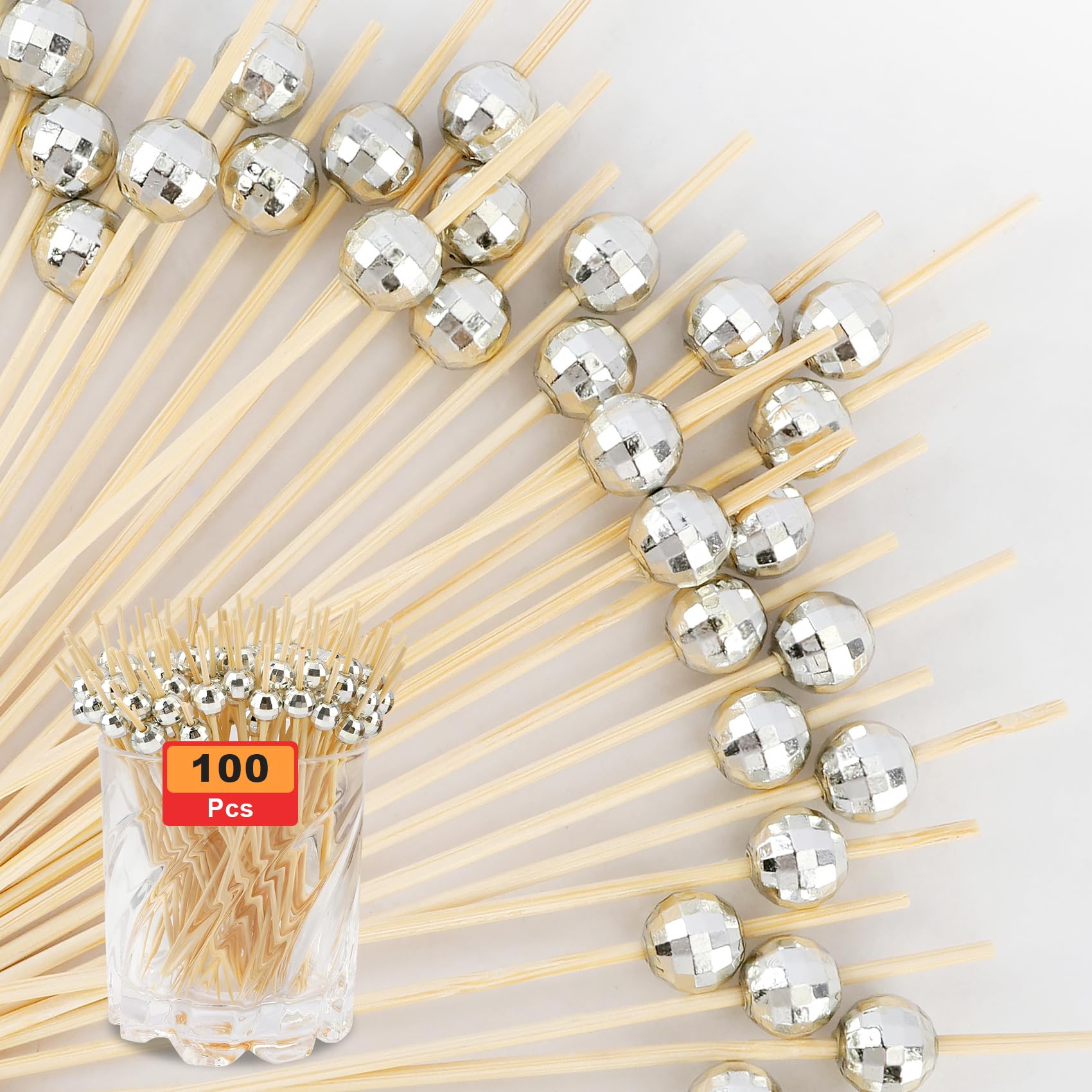 Cocktail Picks, Toothpicks for Appetizers 100PCS, Fancy Tooth Picks, 4.7 Inches Skewers for Fruit Kabobs, Silver Disco Party Supplies, Bamboo Sticks