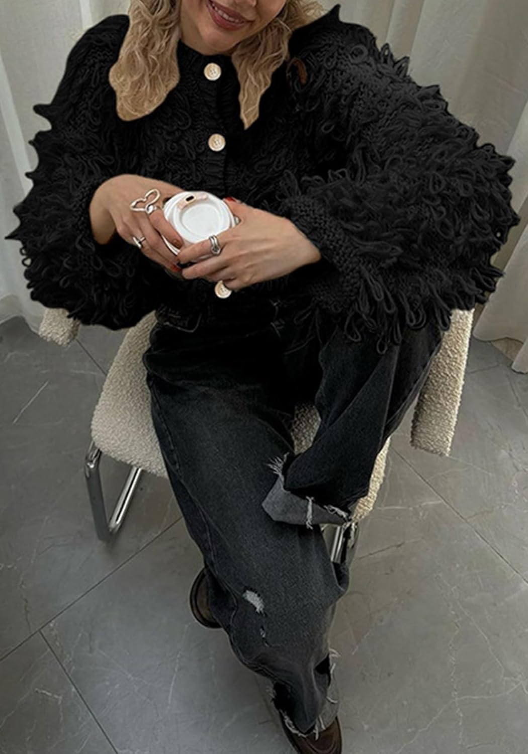 LETSVDO Women's Cropped Fringe Cardigan Sweaters Long Sleeve Knit Tassel Y2k Button Up Open Front Chunky Sweater Jacket - Image 4