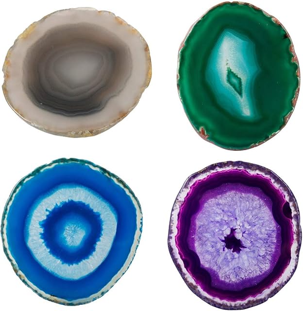 mookaitedecor 4Pcs 1.5-2.4 Inch Natural Agate Slices(Not for Coaster), Semi Precious Crystal Stone Slice for DIY Wedding Place Card Good Luck Desk Decor, Assorted Colours