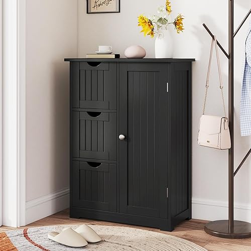 Miniatura 5 de Tangkula Armario de suelo de baño, armario de almacenamiento independiente con 3 cajones y una sola puerta, estante ajustable, almacenamiento de