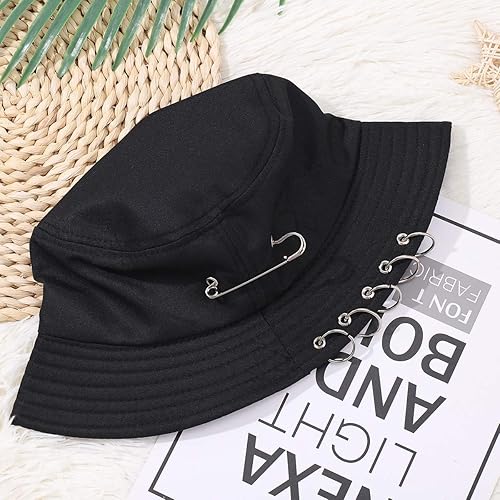 Miniatura 4 de Sombrero de pescador unisex elegante con decoración de piercing de alfiler, sombrero de verano de algodón plegable para hombres y mujeres (negro),
