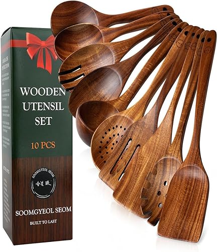 Juego de utensilios de madera de teca 100% natural, 10 cucharas de cocina duraderas para cocinar, antiadherentes y resistentes al calor, ecológico y