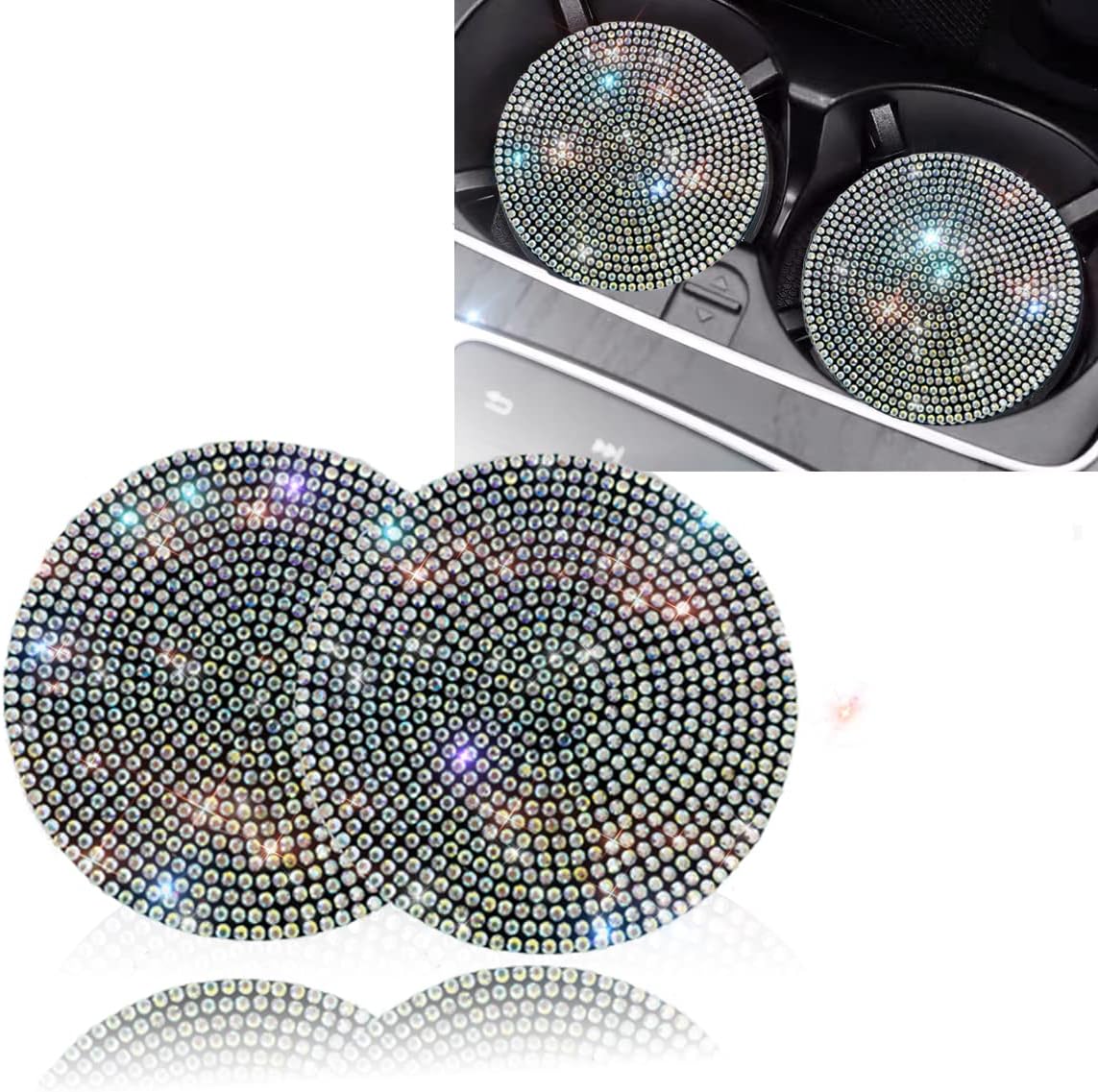 Bling Car Cup Coaster 2PCS, Bling Car Accessories 2.77 inch,Full Rhinestone Anti Slip Insert Coaster, Suitable for Most Car Interior, Car Bling for Women,Party,Birthday,Gift（AB Color）
