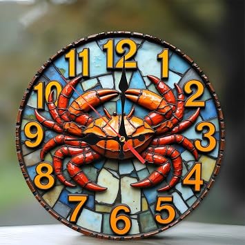 Colorful Crab Wall Clock Decorative Art10-Inch Wooden Wall Clock, Silent Movement, Battery Operated AA Batteries Not Included, Artistic Home Decor, Perfect for Home Accents