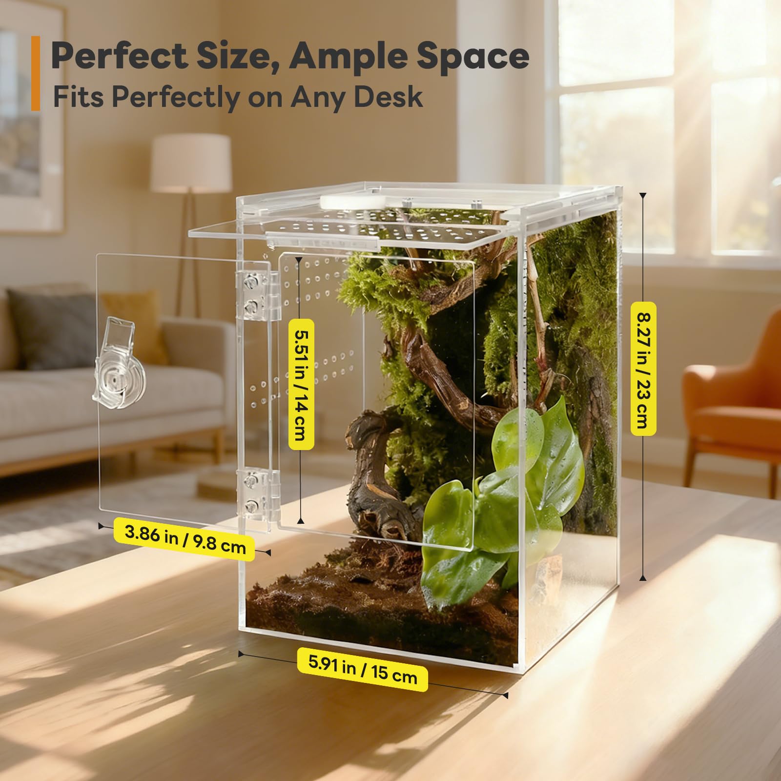 Vordere Öffnung Schnecken Terrarium,360° Rechteck Vivarium15x15x23CM mit Querlüftung,Wasserdicht Acryl Terrarium für Springspinne Gottesanbeterin, Geckos,Laubfrösche, Käfer