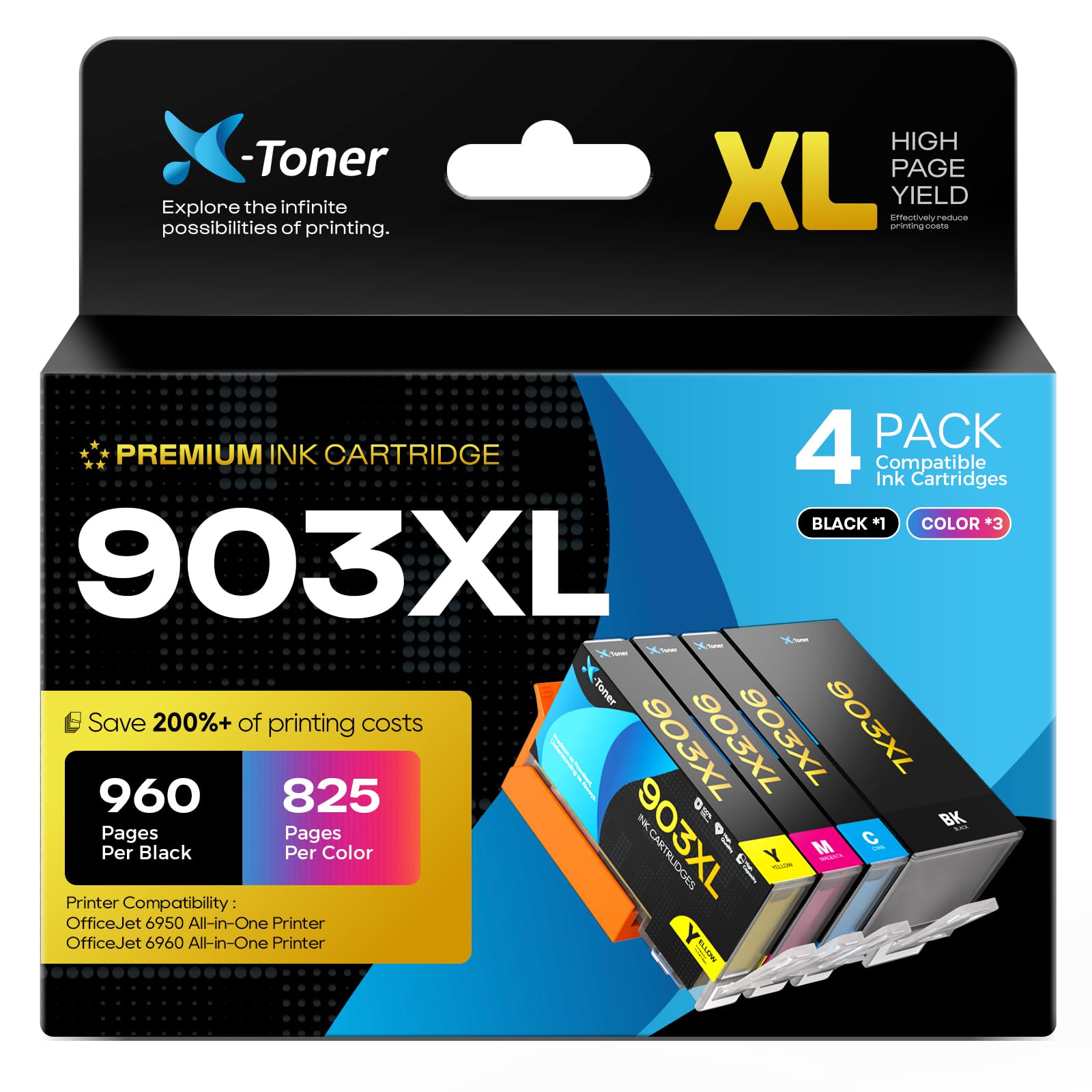 X-Toner 903XL 903 XL Cartuchos de Tinta Compatible para HP 903XL Cartucho Tinta para HP Officejet 6950 6951 Office Jet Pro 6960 6970 All-in-One Impresora Pack de 4 Colores Negro Cian Magenta Amarillo