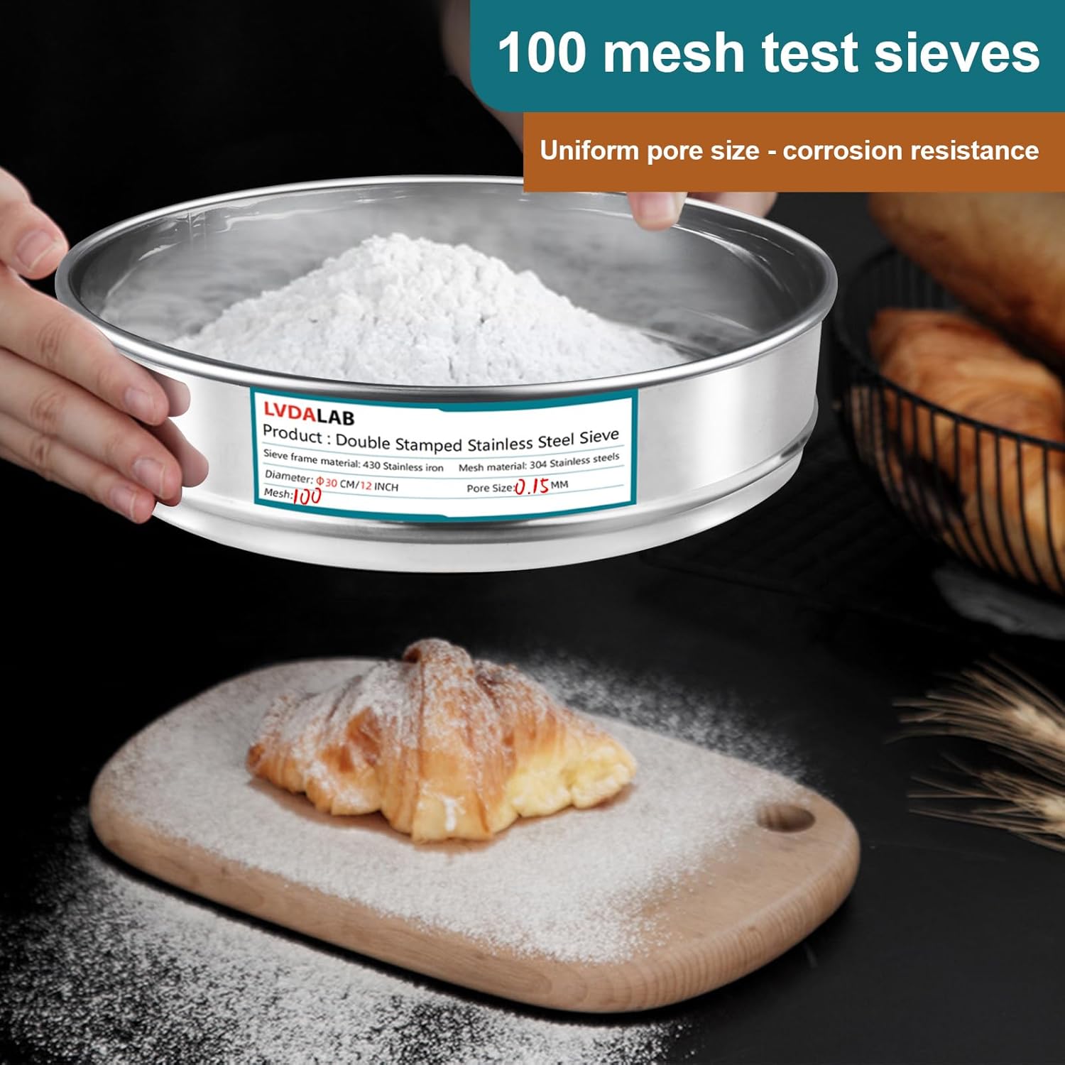 304 Stainless Steel Lab Sieve Screen Mesh, 100 Mesh (0.15mm) Aperture Test Sieve, 12Inch(30cm) Diameter Economy Standard Analysis Sample Test Sieves for Industrial Laboratory Homes