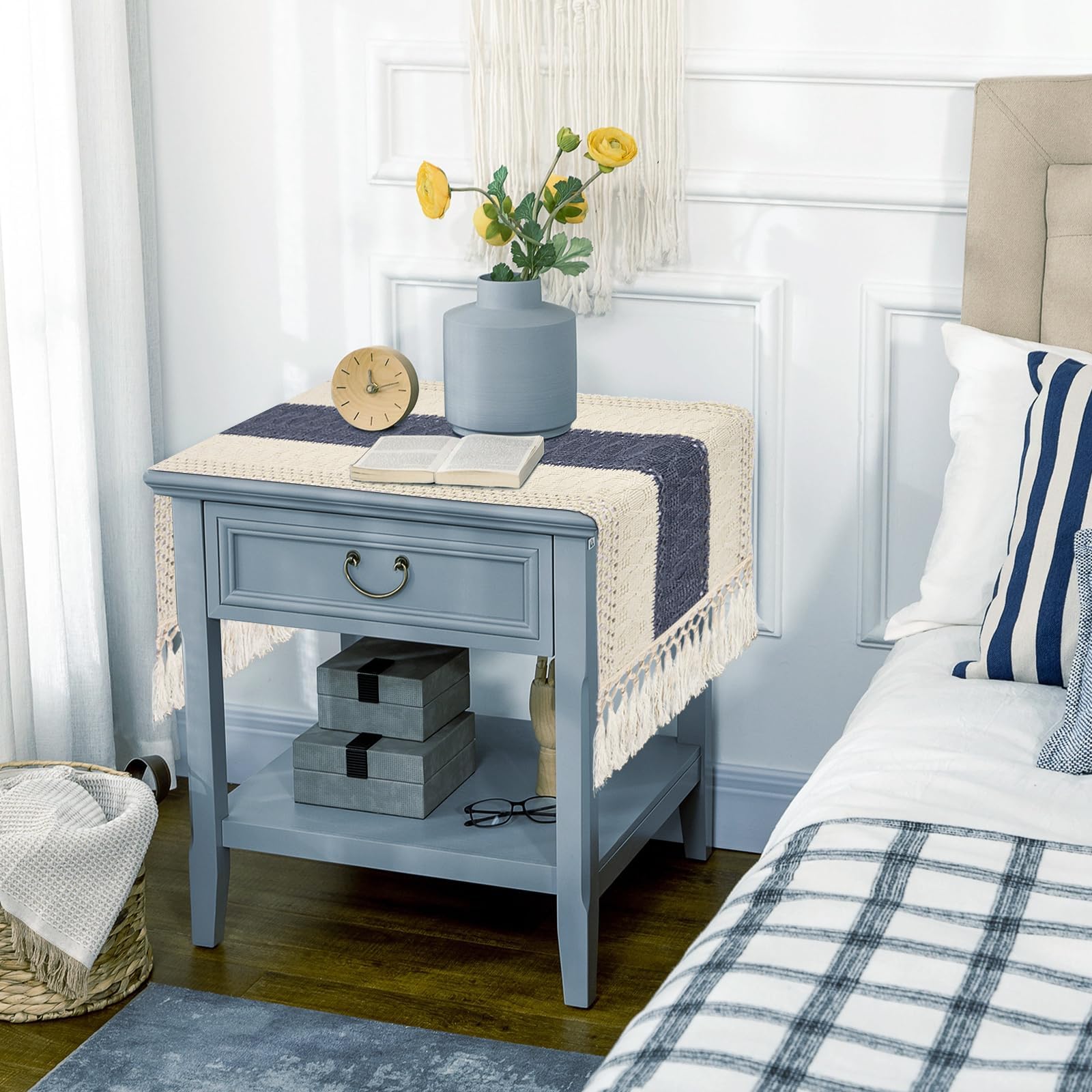 yuboo Boho Macrame Dresser Runner, Navy Blue Coffee Table Runner Short, Rustic Table