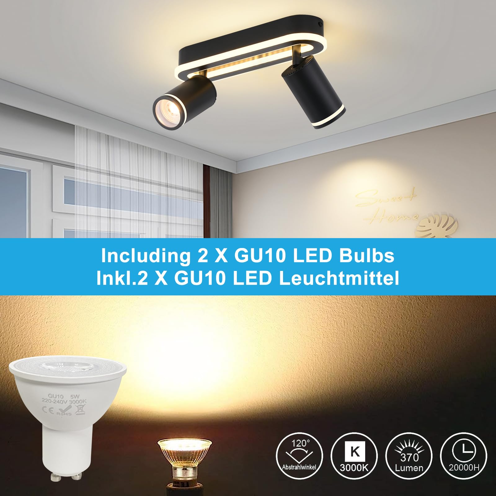 SANSHI Faretti da Soffitto Orientabili Interno LED 2 Luce,Faretti da Parete con Inferiore 15W+2x5W,GU10 Lampadario Faretti,Moderna Plafoniera Faretti Bianco Caldo 3000K per Cameretta Cucina Barra,Nero