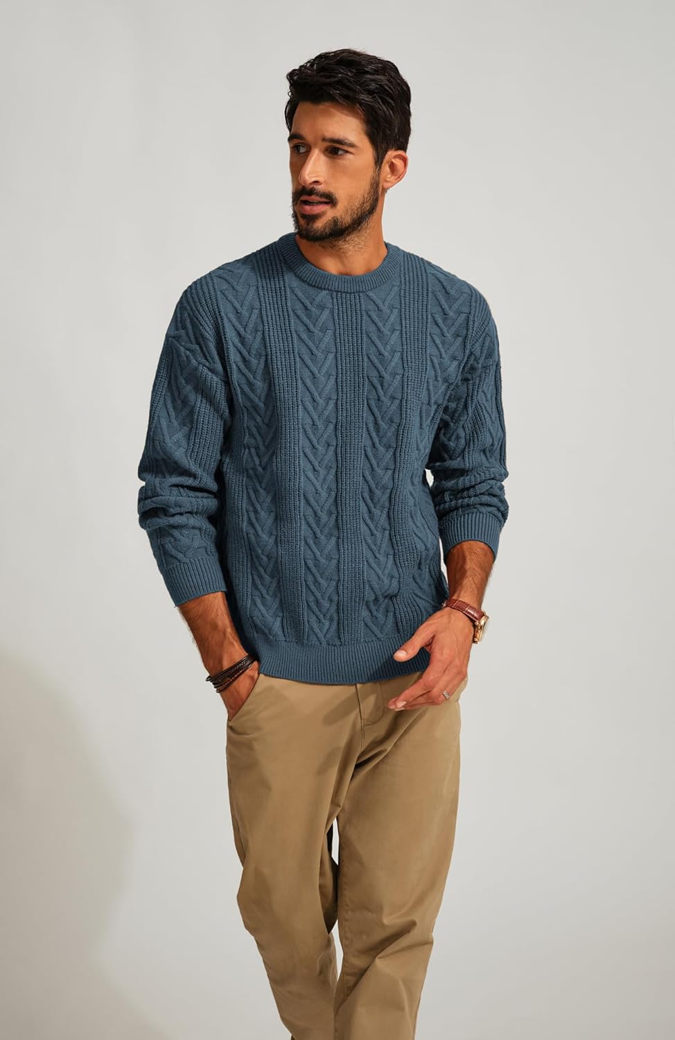 PJ PAUL JONES Mens Crewneck Sweater Casual Cable Knit Pullover Sweater Drop Shoulder Solid Knitted Sweaters - Image 2