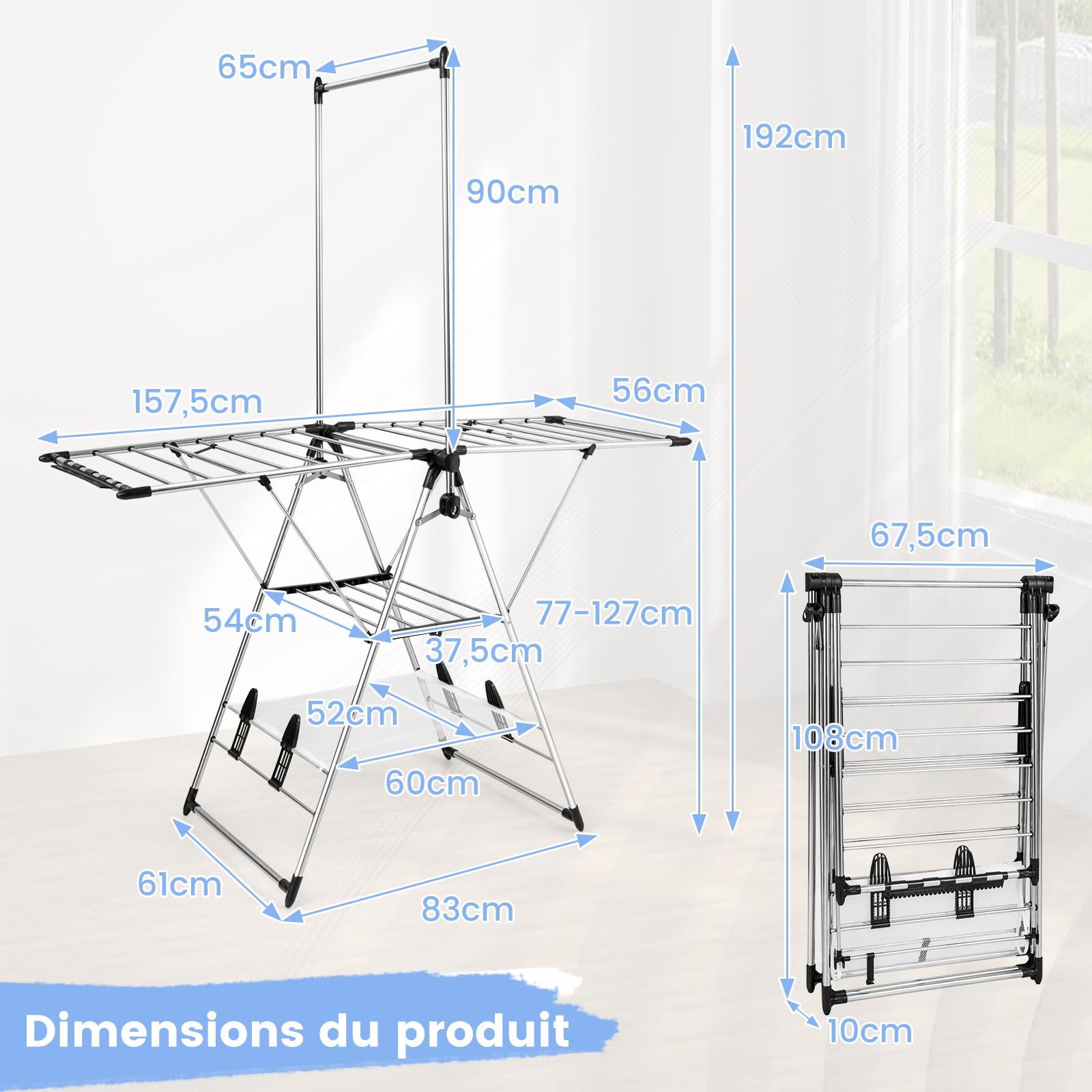 COSTWAY Sechoir à Linge Pliable, Etendoir Linge Interieur Pliable en Alu avec Cintre Haut et Filet de Séchage, Tancarville Linge Réglable 77-127 cm, 4 Porte-Chaussures, Pince de Chaussette Amovible
