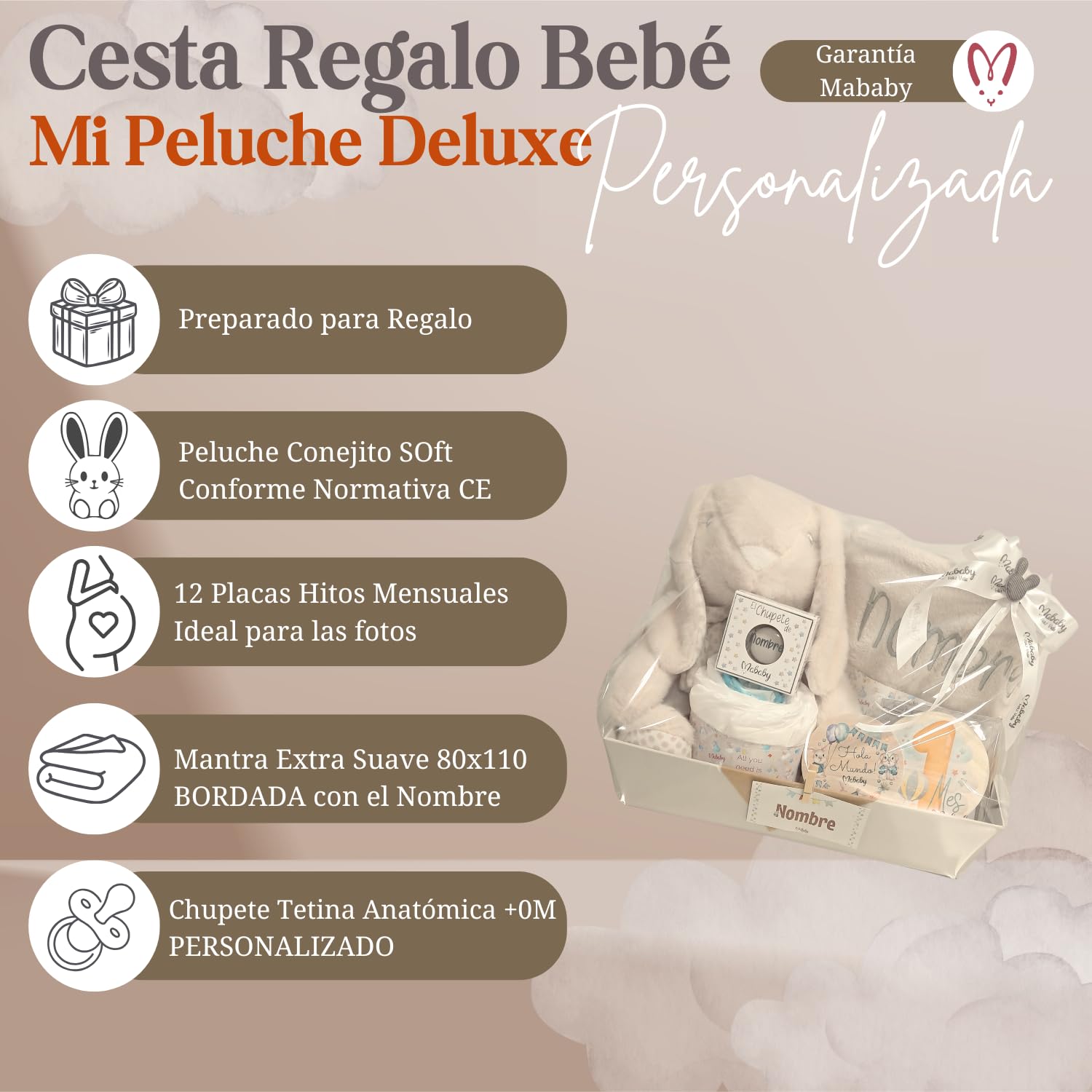 Canastilla Bebé Recién Nacido Mi Peluche Deluxe (Beige) | Canastilla personalizada con manta bordada, peluche conejo, chupete y pinza con nombre, tarta de pañales y cuidados