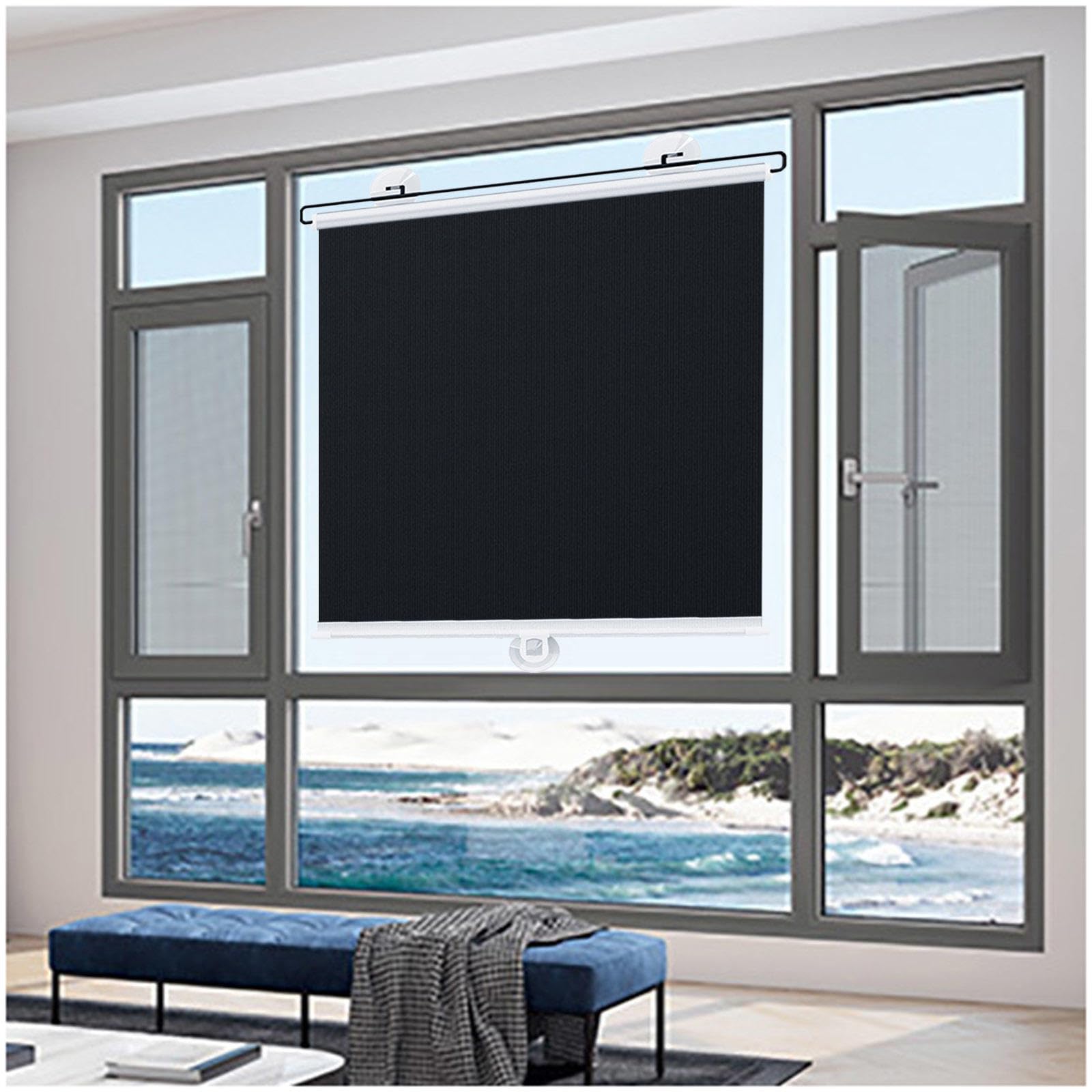 DECAKE Window Roller Shades, Blackout Blinds with Suction Cups, Sunshade Roll Up No Drilling, Curtains, Sun Protection Privacy Blinds,Black-68x150cm/27 * 59in