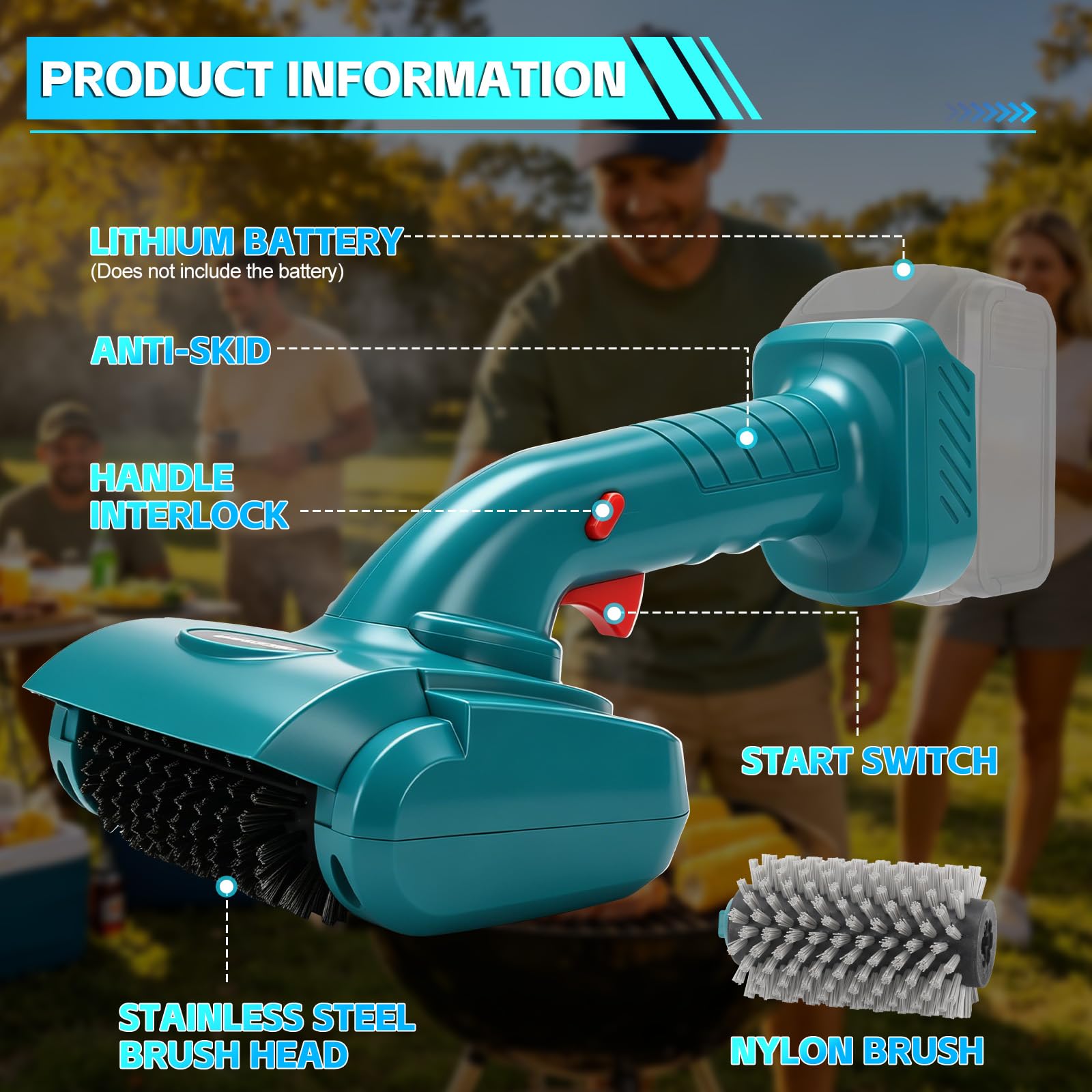 Brosse électrique sans Fil Barbecue pour Makita 18 V (sans Batterie) | Roadtime brosse de nettoyage avec 2 têtes de Brosse rotative à 360° pour barbecue, salle de bain, cuisine