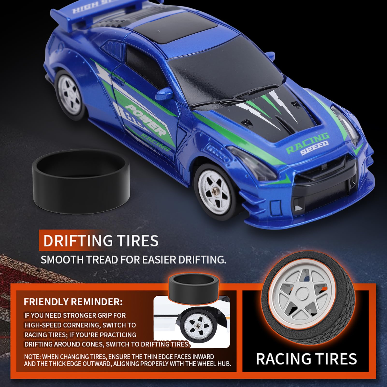Drift Auto 1:60, 2,4 GHz Mini RC Auto Drift Car, napęd na wszystkie koła, zdalnie sterowany żyroskop, wymienne opony, oświetlenie LED i sterowanie w pełni proporcjonalne, RC (niebieski)