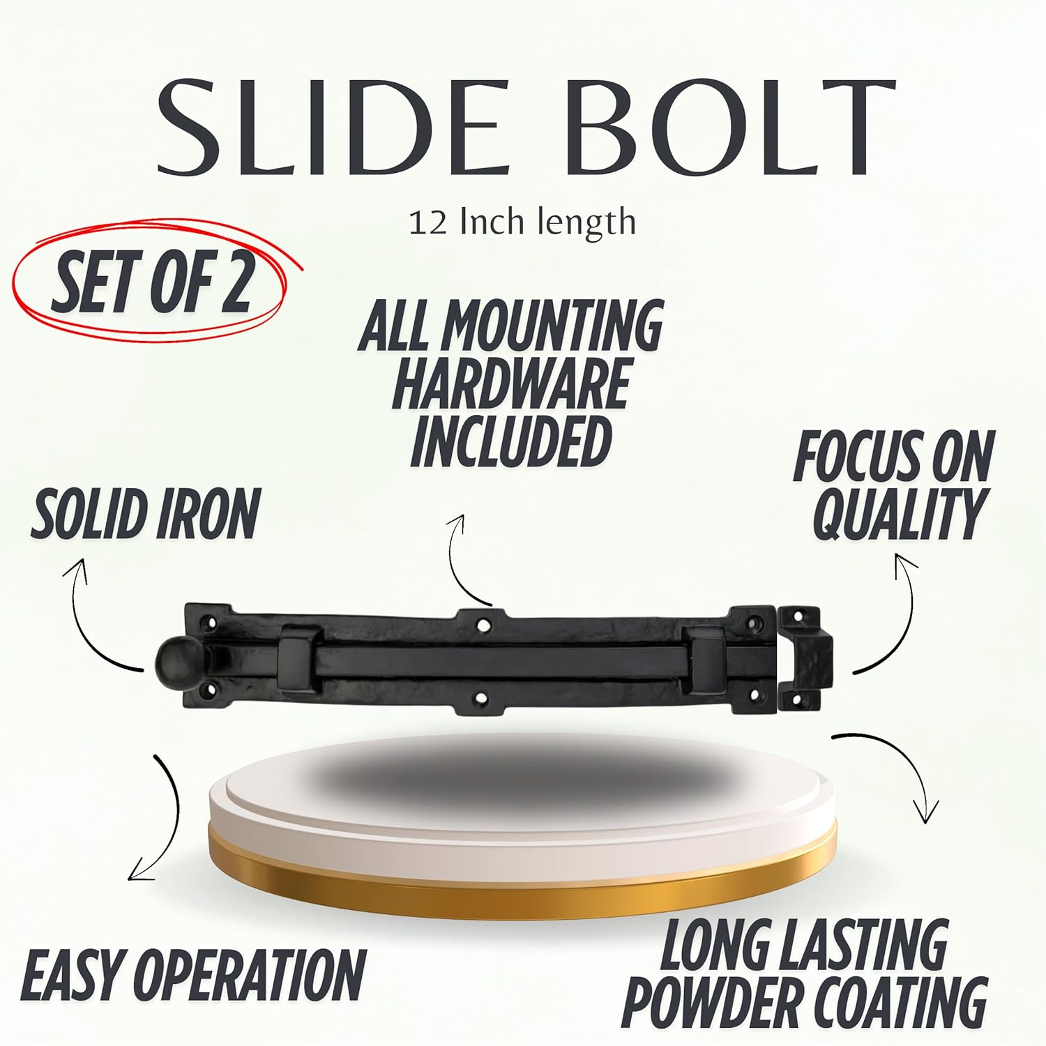 Set of 2, 12 Inch Length Black Powder Coated Iron Surface Slide Bolt Ideal for Doors/Gates/cabinets. Easy Installation