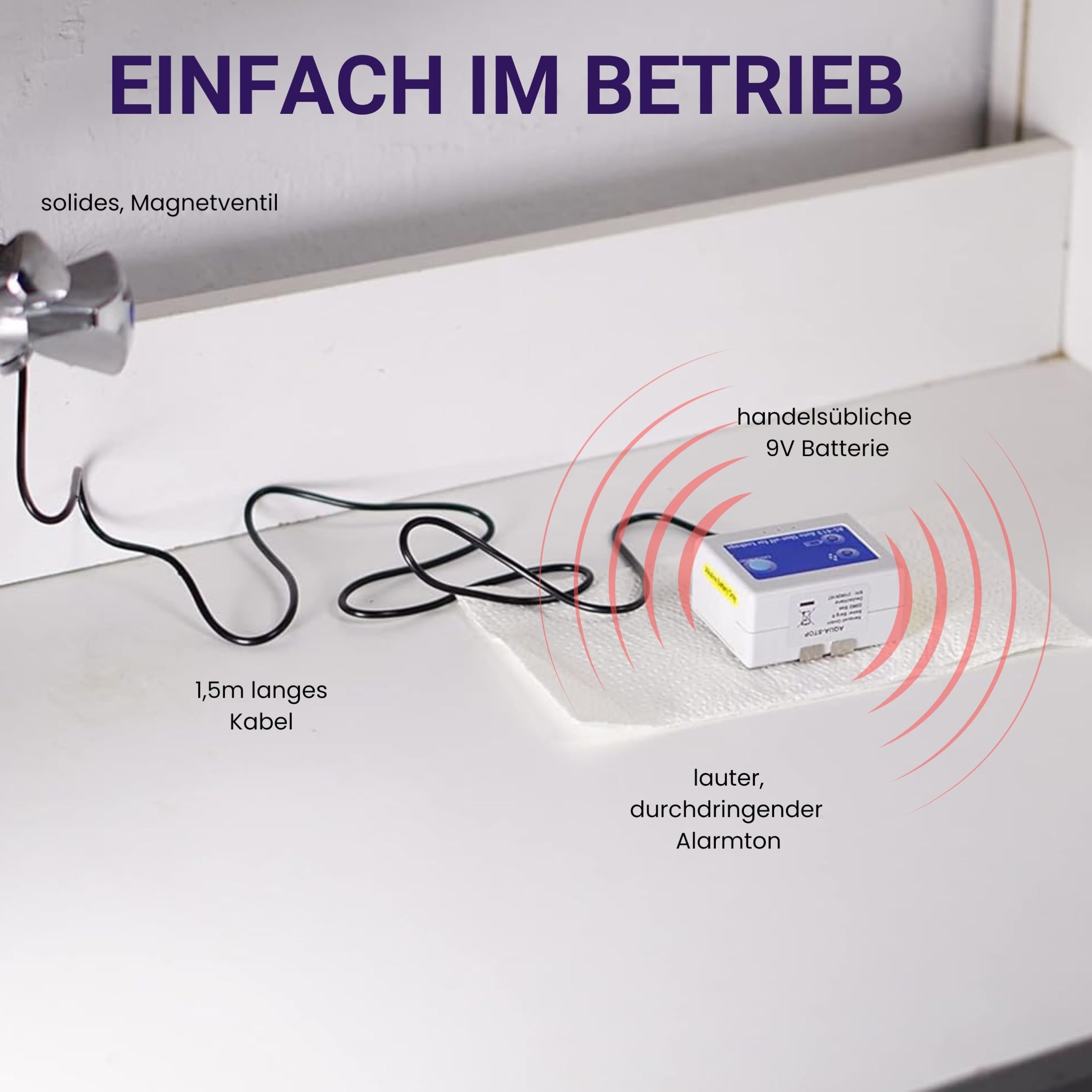 Wassermelder mit Abschaltung, automatisches Magnet-Absperrventil 3/8 Zoll, schließt sofort bei Wasserkontakt die Wasserleitung, schützt vor Wasserschäden, für Filteranlagen, Osmose-Anlagen, Quooka