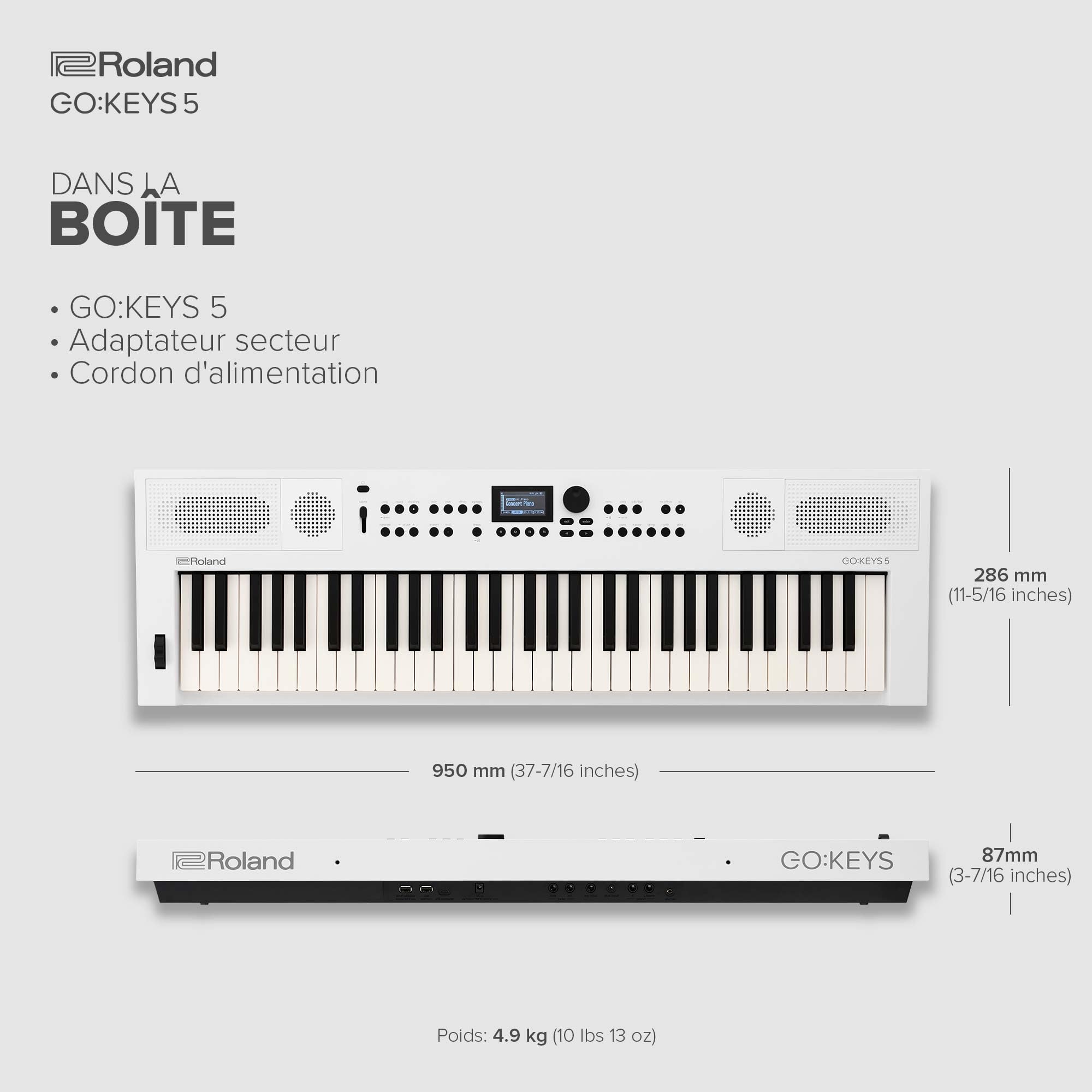 Clavier de création musicale GO:KEYS 5 Roland | Clavier à 61 touches | Générateur ZEN-Core avec plus de 1000 sons intégrés | Haut-parleurs stéréo | Entrée micro – Blanc