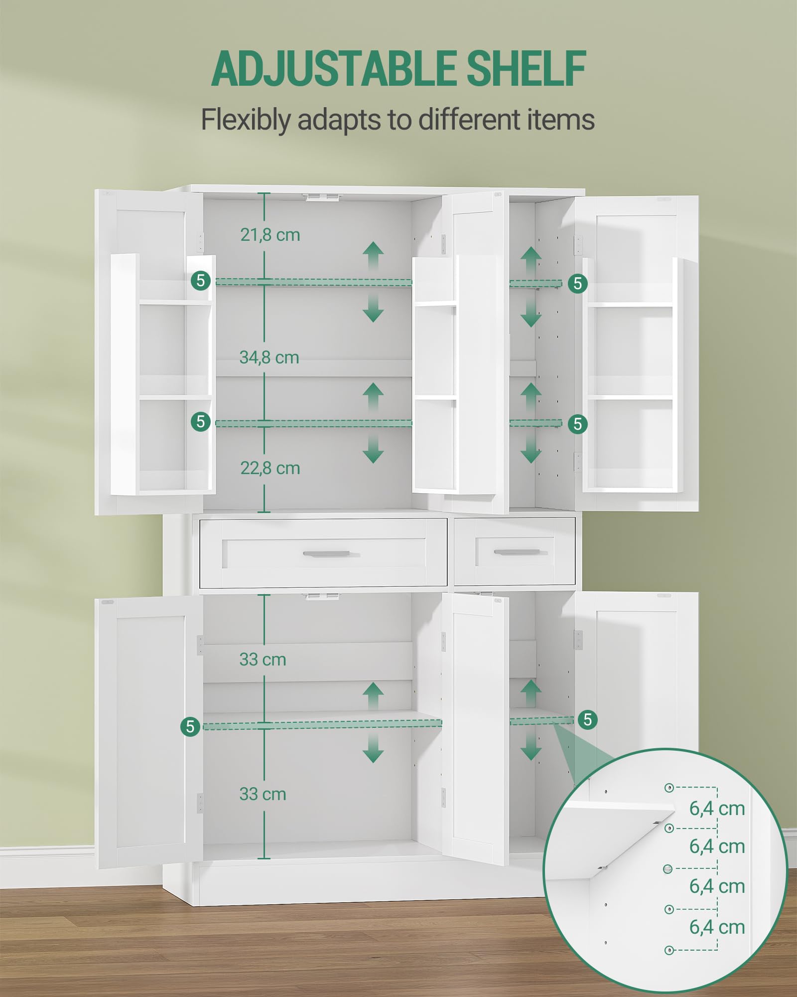 Hzuaneri Buffetschrank, Küchenschrank mit 9-stufigem Türrückseiten-Regalsystem, Sideboard mit 6 Türen und 2 Großer Schublade, Modern Stil, Küche, Wohnzimmer, 40 x 92 x 180 cm, Weiß PT30003X