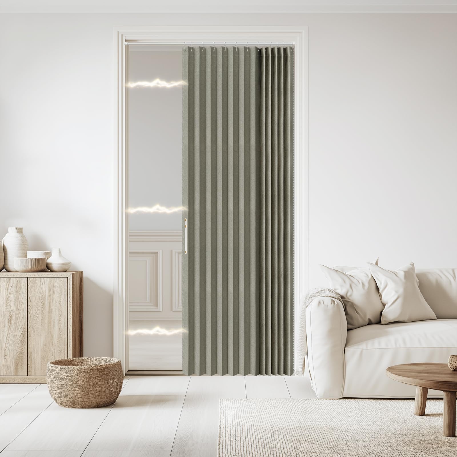 Jilron Accordian Door Curtain, 100% Blackout Folding Magnetic Doorway Curtains,Linen Style Closet Doors,for Room Divider,Privacy Protection(W52 x L78,Grey,1 Panel)