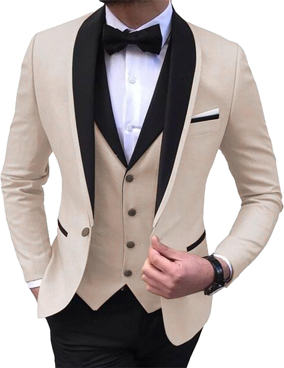 JEsilunmaMY Men's Business Casual 3 Piece Suit Set Slim Fit Shawl Lapel Jacket Vest Pants Wedding Prom Dinner Tuxedo Suits