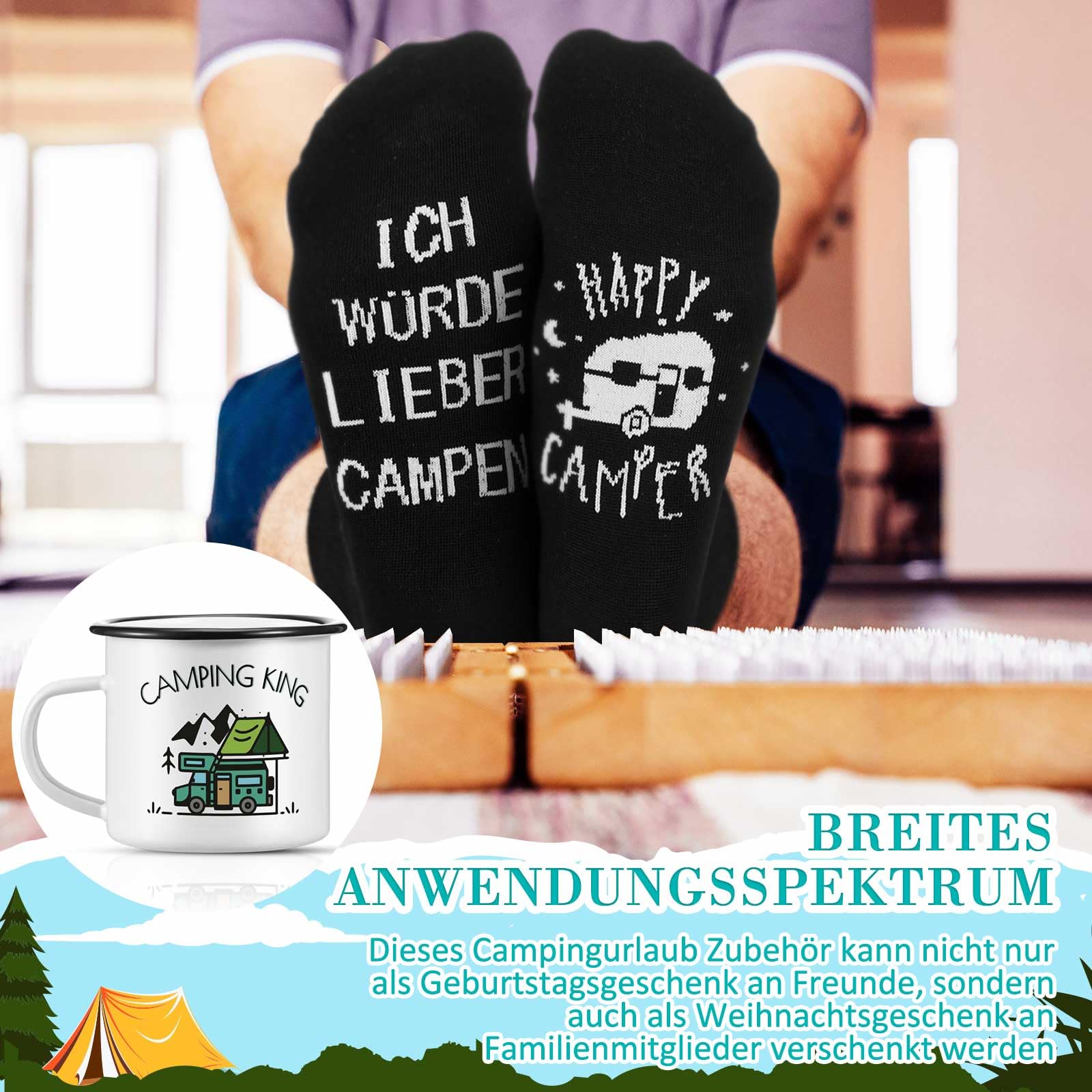 2 Pezzi Regalo da Campeggio per Uomo 1 Tazza Smaltata Camping King 1 Paio di Calzini da Campeggio Gadget Accessori da Tenda per Escursioni in Roulotte