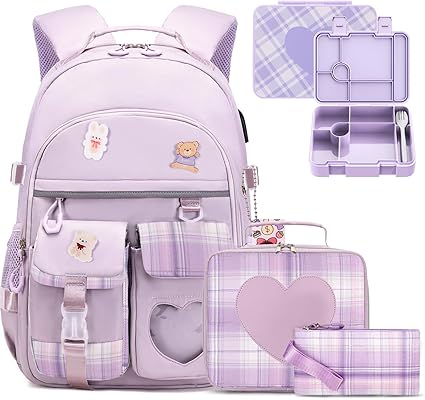 Girls Backpack - Bento Box with Insulated Lunch Bag Pencil Case & Utensils Set for Kids, 6 Leakproof Compartments Removable Tray Lunches or Snack Container for School (Purple)