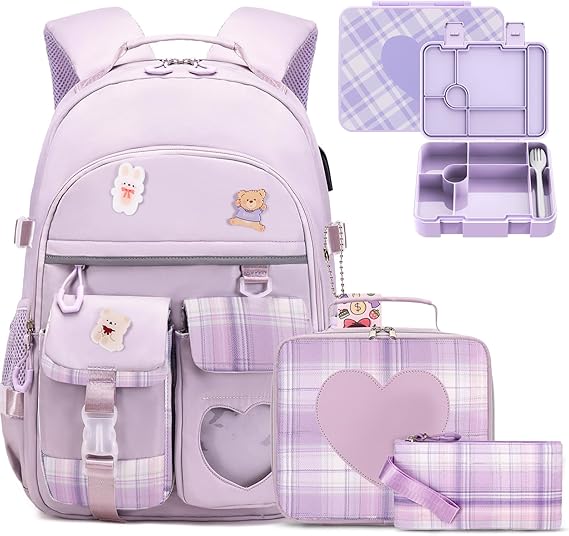 Girls Backpack - Bento Box with Insulated Lunch Bag Pencil Case & Utensils Set for Kids, 6 Leakproof Compartments Removable Tray Lunches or Snack Container for School (Purple)