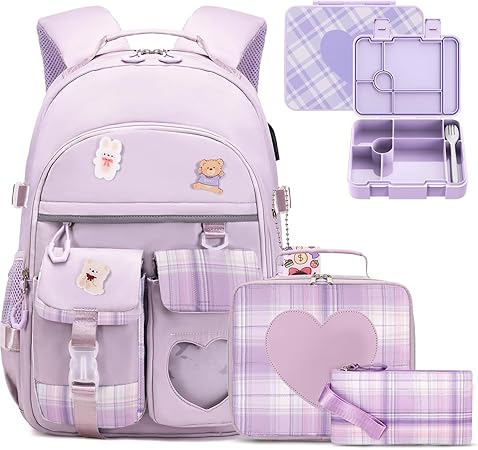 Girls Backpack - Bento Box with Insulated Lunch Bag Pencil Case & Utensils Set for Kids, 6 Leakproof Compartments Removable Tray Lunches or Snack Container for School (Purple)
