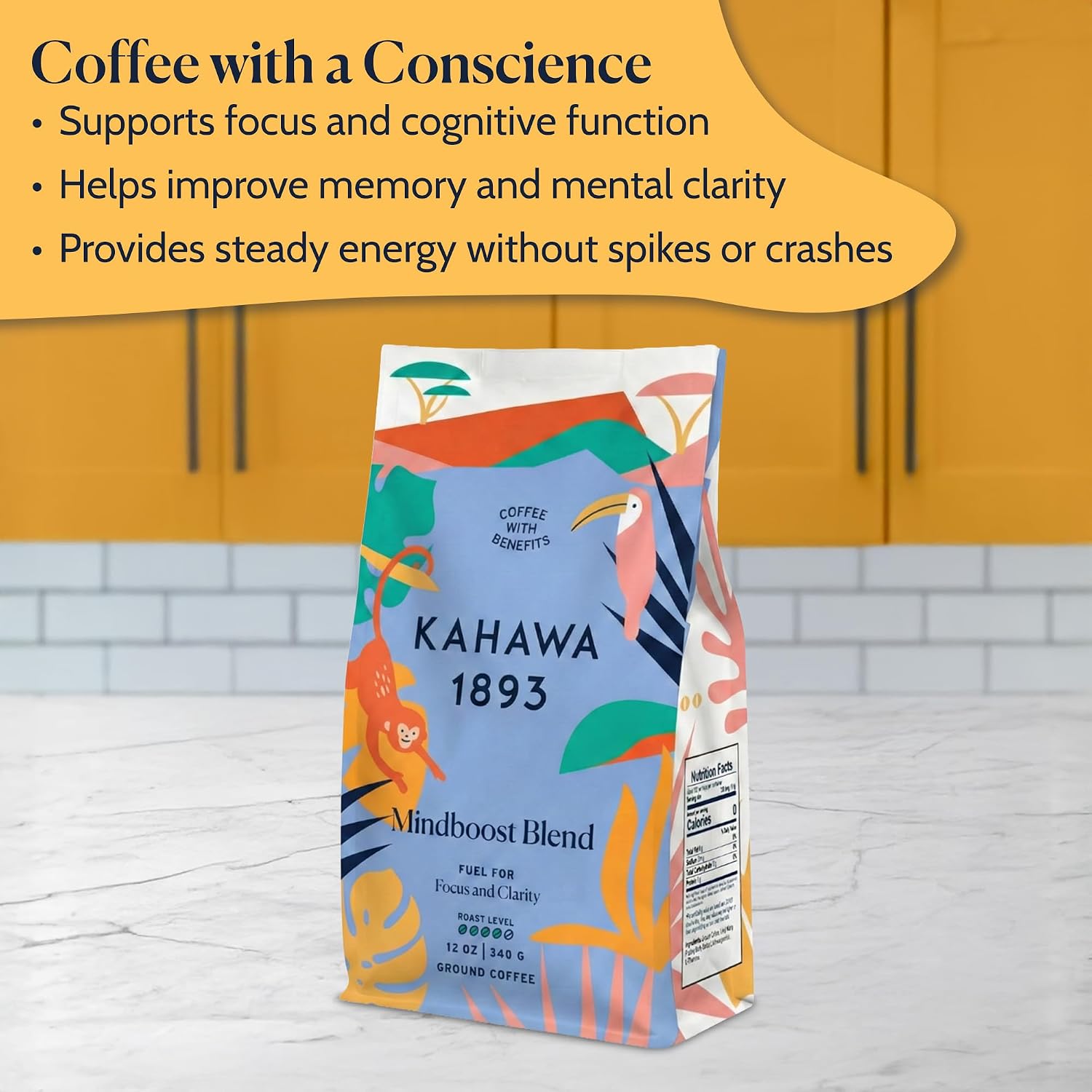 Kahawa 1893 Mindboost Ground Coffee Medium Dark Roast 12 Oz - With Lion’s Mane Mushroom, Ashwagandha & L-Theanine, As Seen on Shark Tank, Supports Focus, Clarity & Calm Energy, Coffee With Benefits
