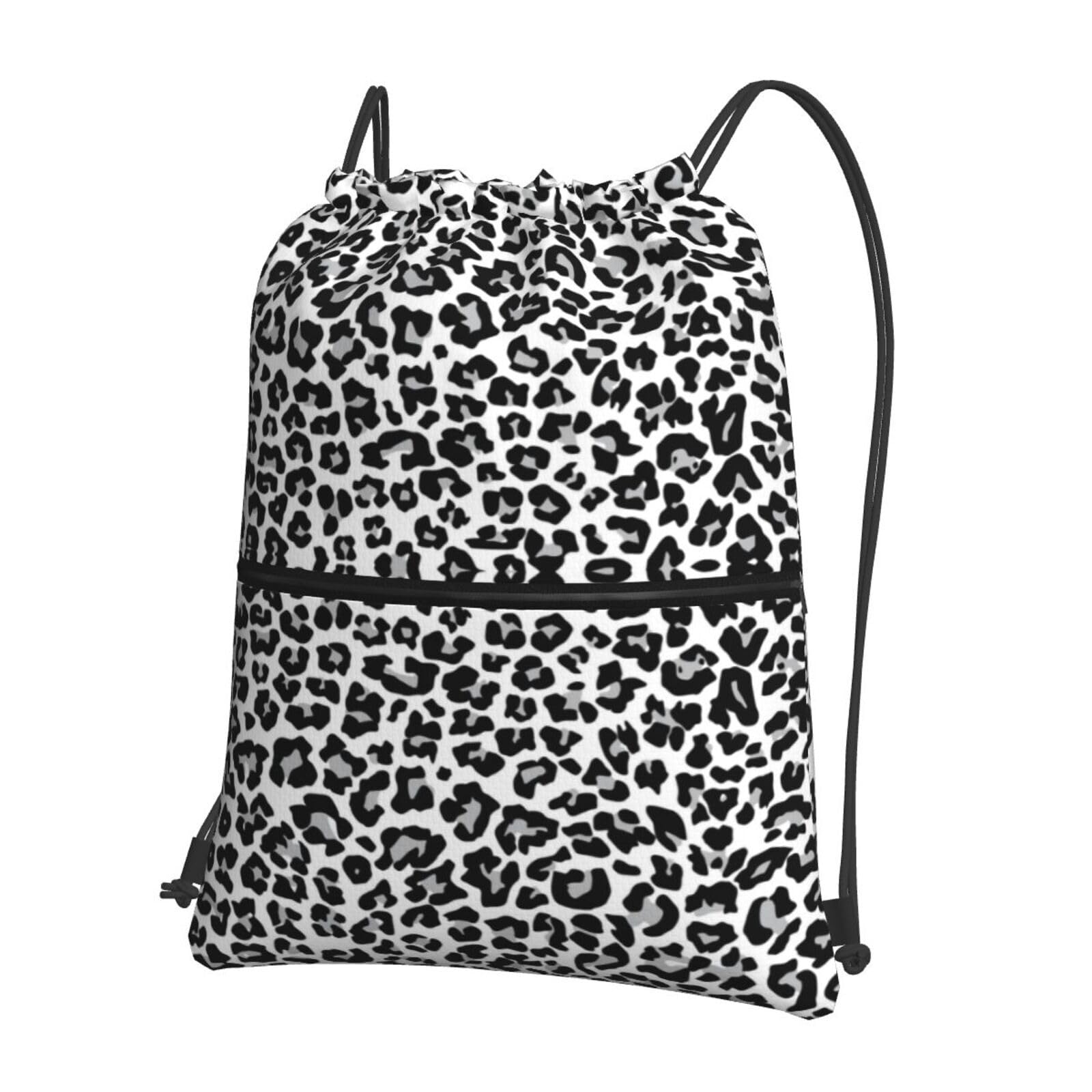 GardEssere Grey Leopard Print Drawstring Bags Drawstring Gym Bag Waterproof Drawstring Backpack with Zipper Pocket for Kids Adults Beach Swimming Pool School Bag