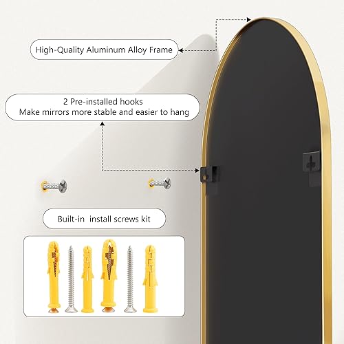 Miniatura 8 de Espejo de baño arqueado para pared, espejo para tocador, espejo grande de 38 x 26 pulgadas, marco de metal (38 x 26 pulgadas, dorado)