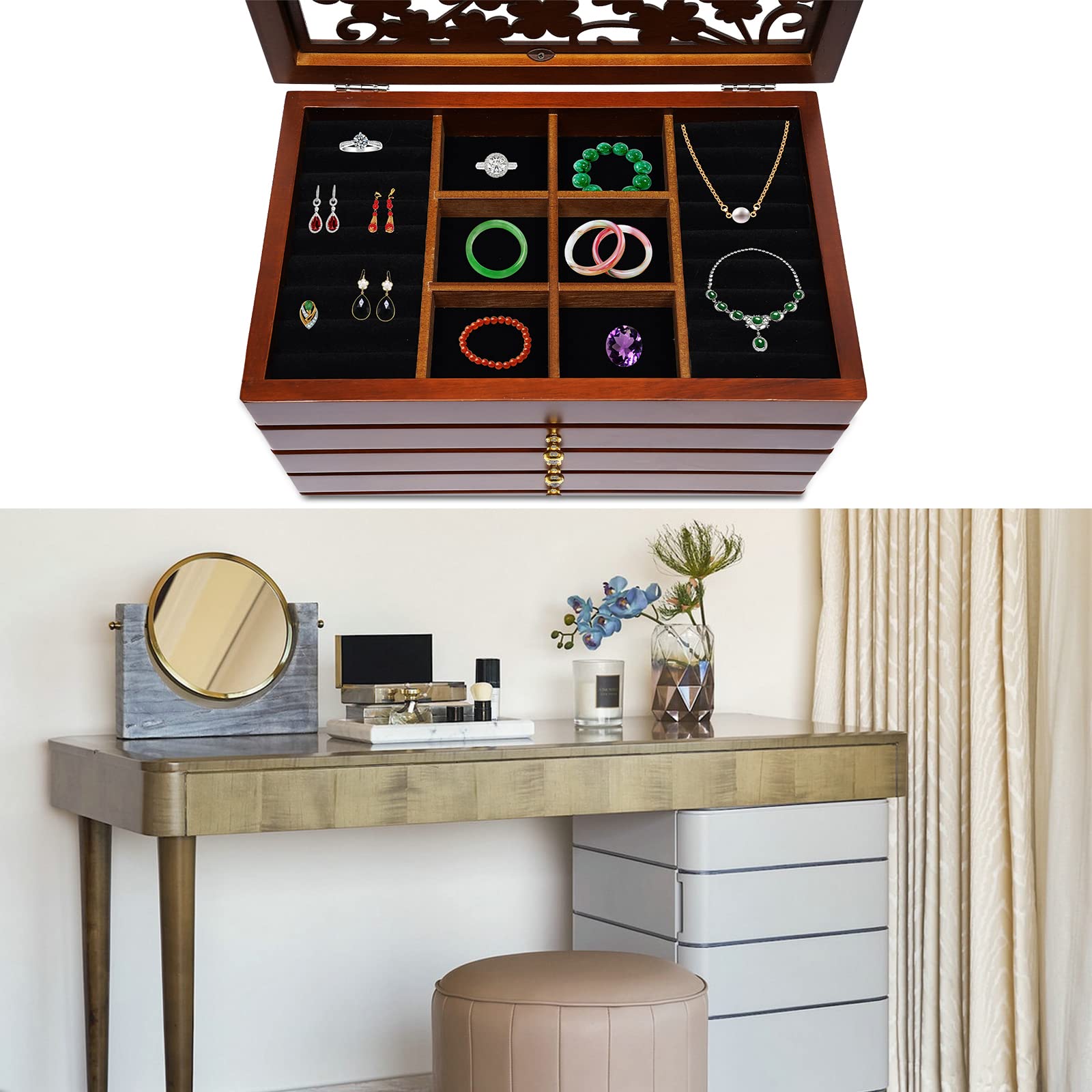 WooDerson Sieradenkoffer met slot, 5 laden, houten sieradendoos met spiegel, gesneden design, binnenvoering fluwelen stof, bruine sieradendoos voor halskettingen, armbanden, broches