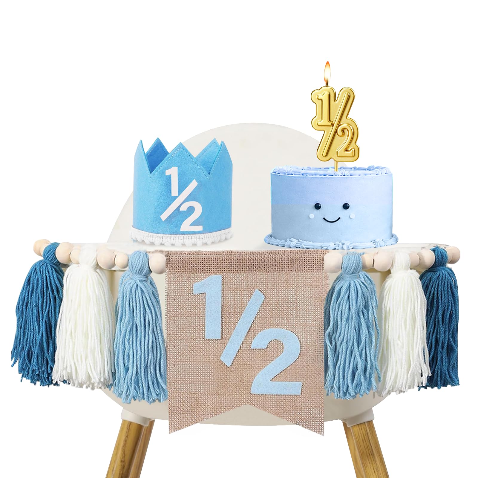 Photo 1 of 1/2 Birthday Boy Half Birthday Decorations High Chair Banner, 6 Month Girl Tassel Wood Bead Highchair Garland Blue
