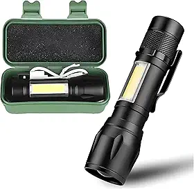 Lanterna Tática LED Recarregável USB – Potente, Zoom Ajustável, 3 Modos de Luz + COB Lateral, Resistente à Água – Ideal para Camping, Trilhas, Pesca e Emergências – Linha Premium