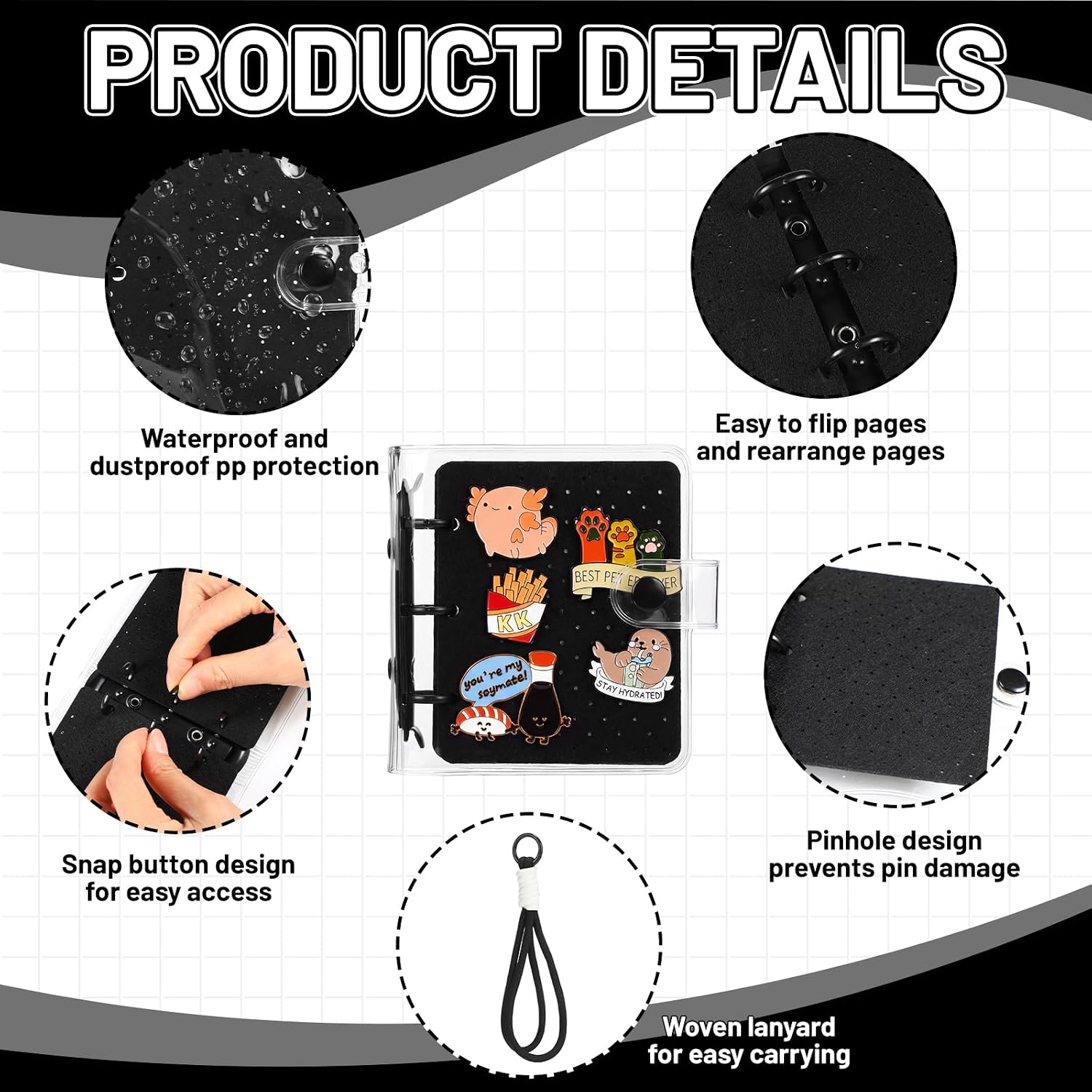 Crtiin 10 Pcs Pin Display Book Clear Binder with Wrist Lanyards,Black image 3