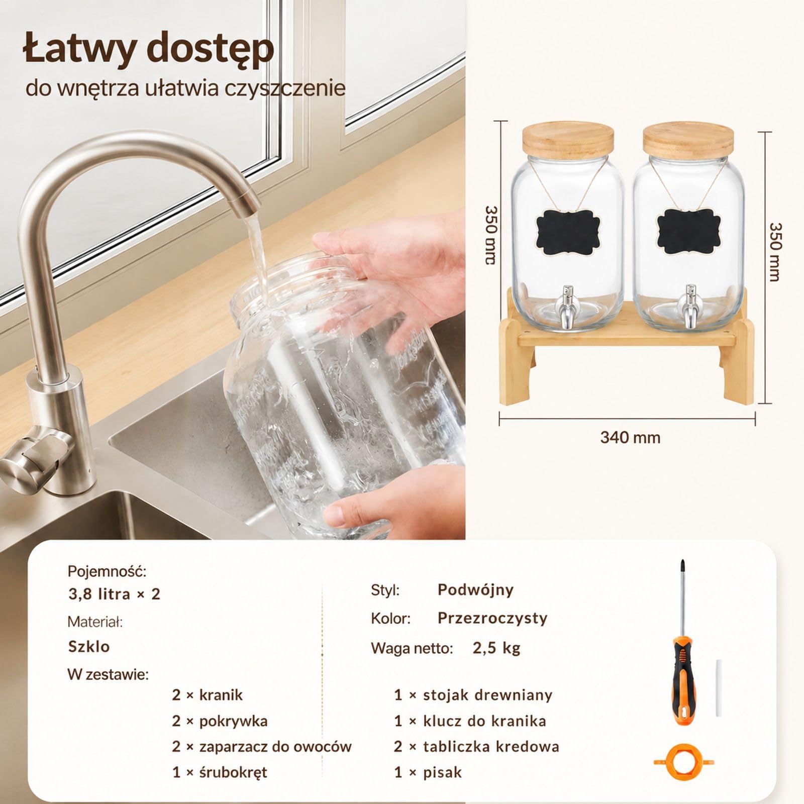 Szklany dystrybutor napojów 2 x 3,8 l, przezroczysty podwójny cylinder z kranem i drewnianą podstawką na przyjęcie, bar, restaurację, lemoniadę, herbatę mrożoną