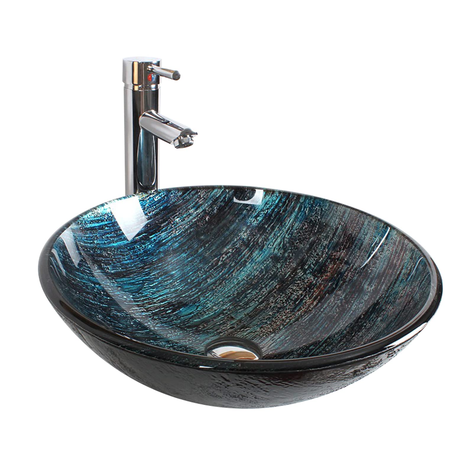 CWCQGH Bathroom Vessel Sink,16.5" Tempered Glass Bowl Sink, Dark Blue Round Sinks Above Counter with Chrome Faucet and Drain Combo