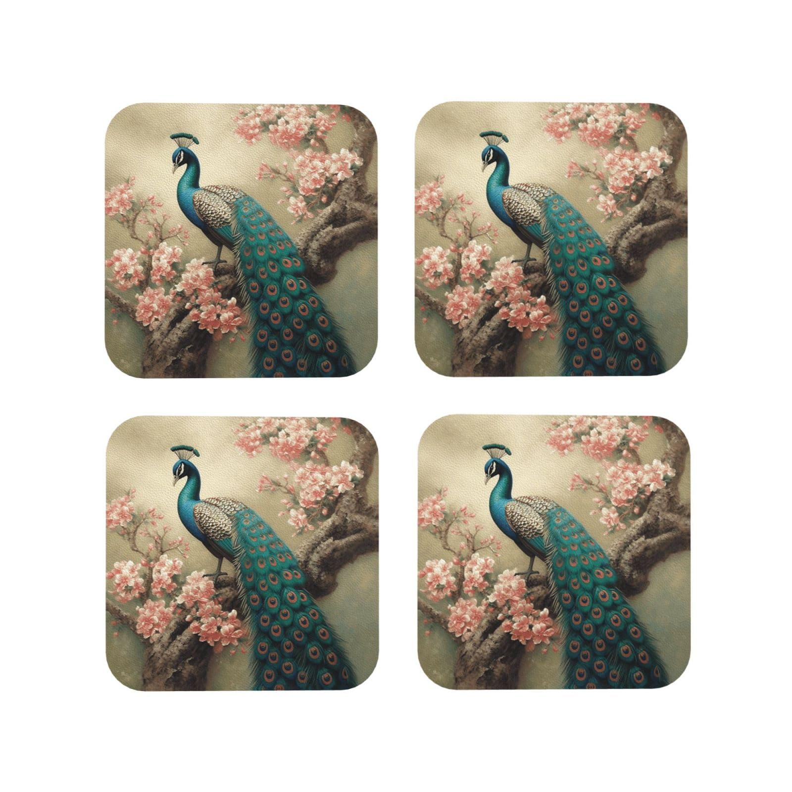 4pcs Drink Coasters for Tabletop Protection, 4" Leather Coasters for Drinks, Oriental Peacock Cup Coasters for Coffee Table Decor, Non-Slip Drinking Cup Mat for Hot Or Cold Drink