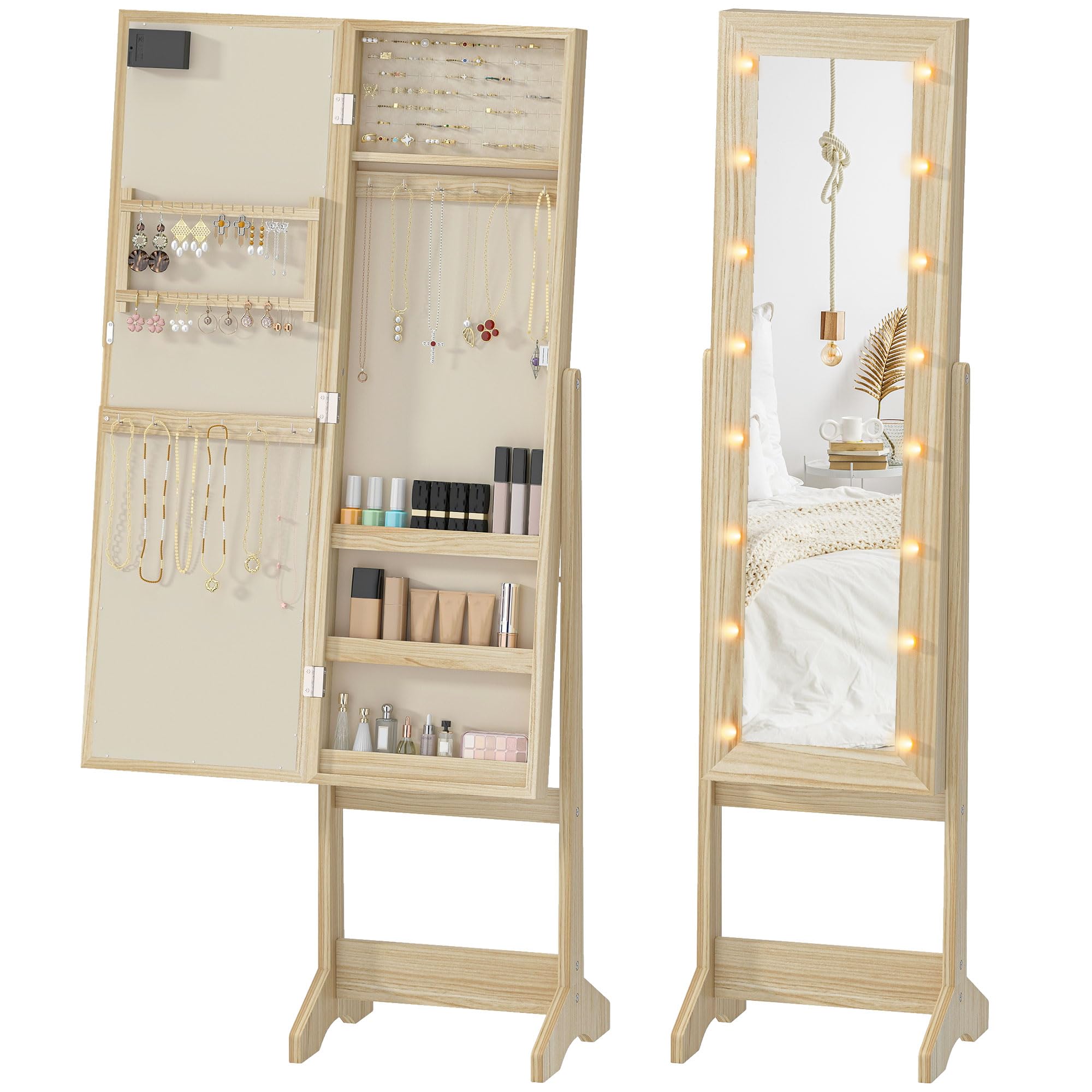 Espejo joyero de pie para evitar enredos de collares con ángulo ajustable y luces LED