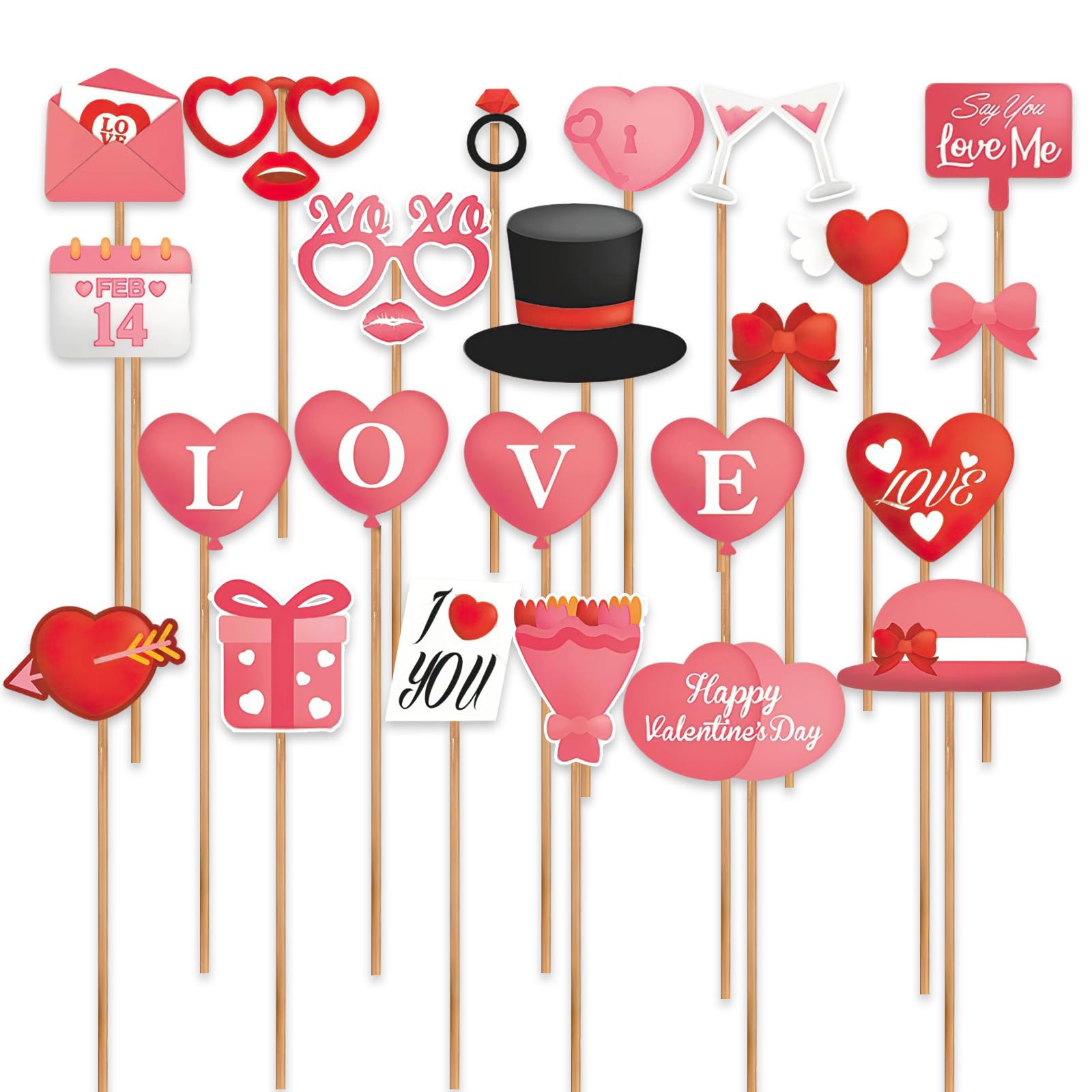 Czdtq Pink 25Pcs Valentines Day Selfie Photo Booth Props, Party Props, Heart Glasses Mustache Backdrop Decorations Supplies Wedding For Valentine's Day, Wedding,Anniversary Party Supplies