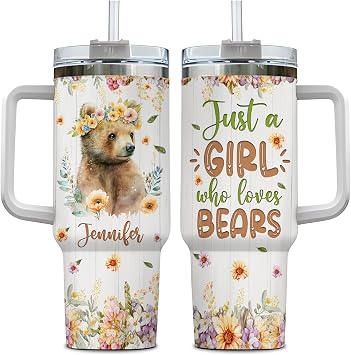Hyturtle Personalized Gifts For Bear Lover Tumbler 40oz with Handle and Straw - Stainless Steel Travel Coffee Cup With Lid - Cute Animal Lover Gifts For Women, Girl On Birthday Christmas