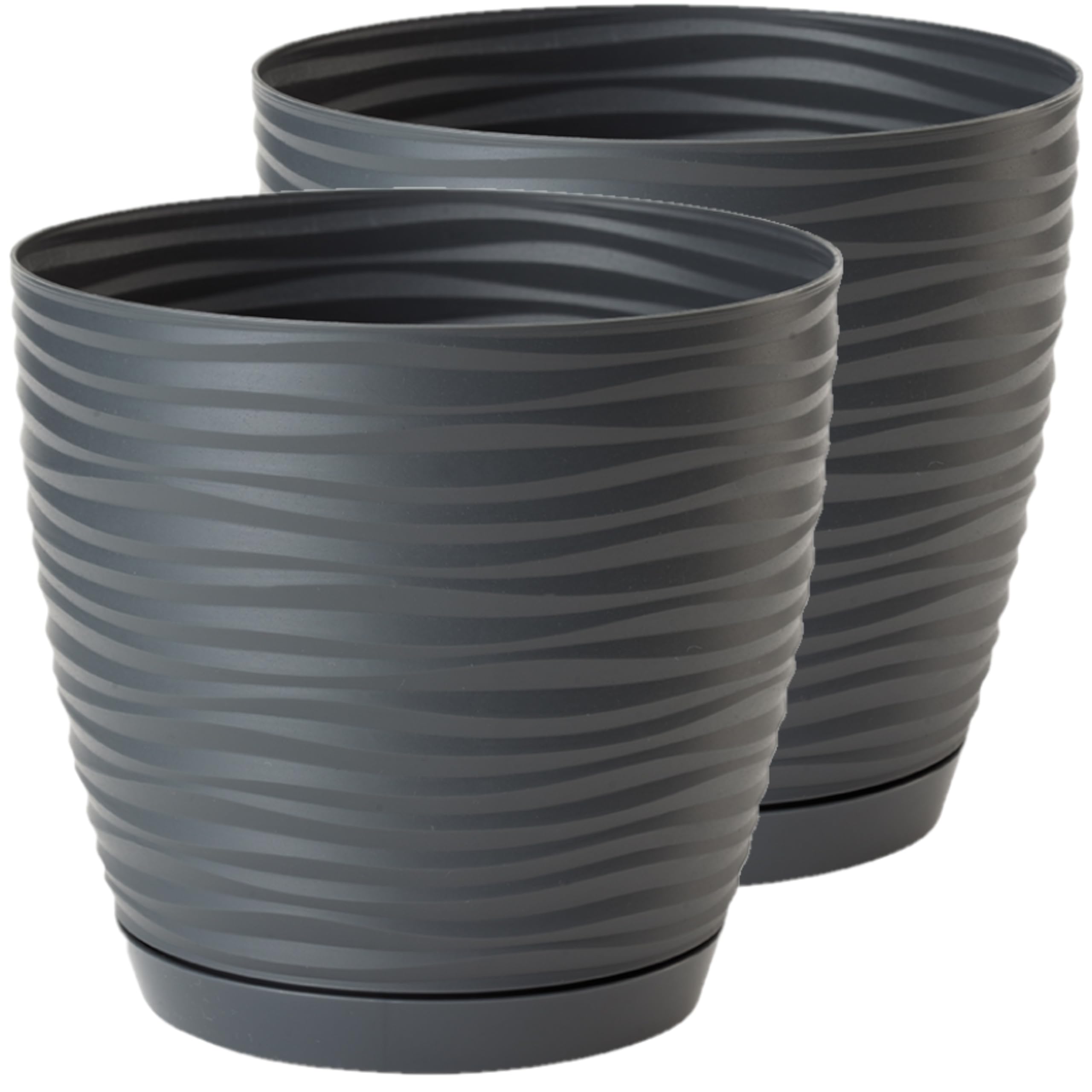 Home Garden Ornaments Anthracite Plant Pots Indoor – Set Of 2 Plastic Flower Pots With Saucer And Drainage Holes, Decorative 3D Wave Design (, 13Cm / 5.1 Inch)