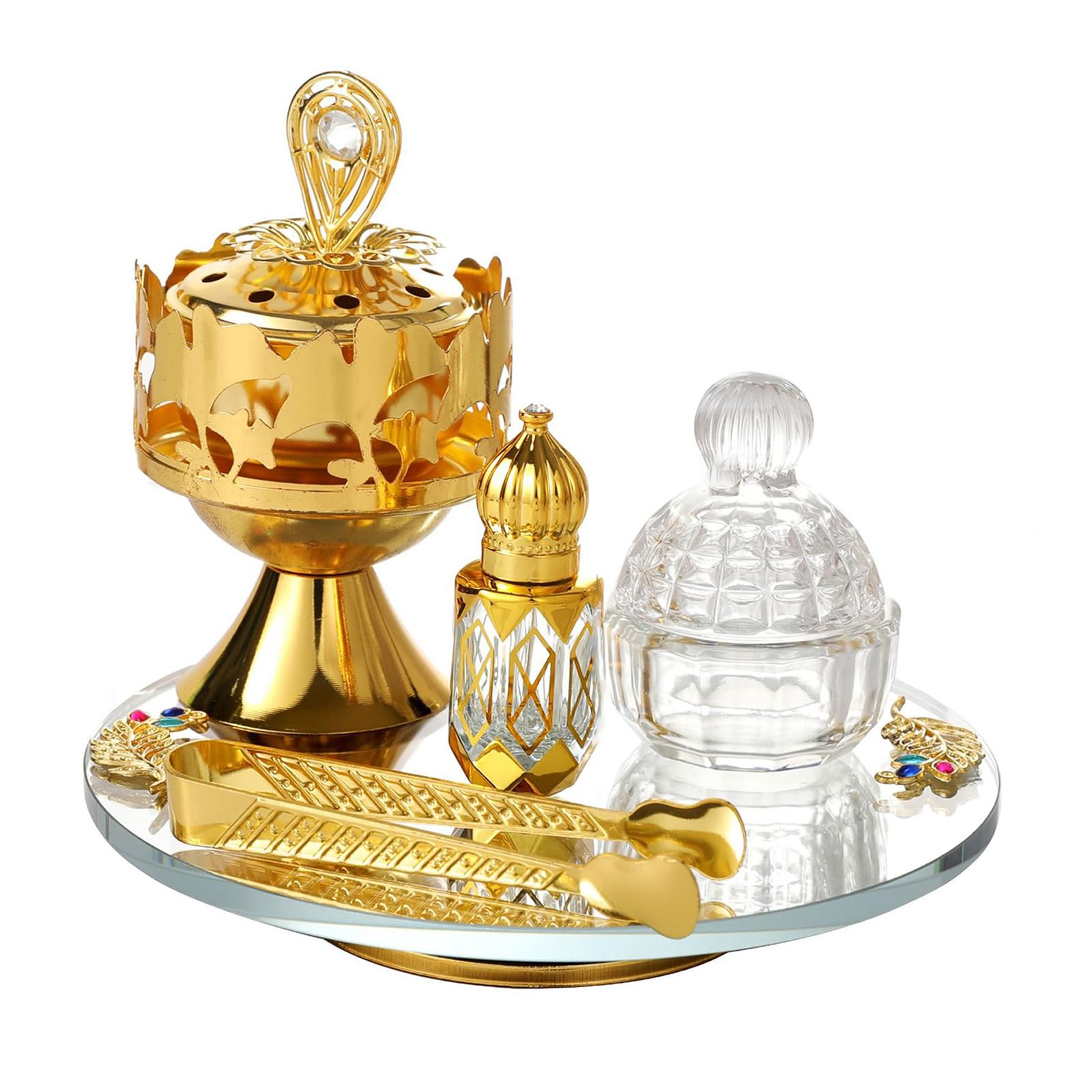 Tsophreniq Decorative Incenses Holder Set with Covered Design Storage Jar Tongs Tray Tabletop Ornament for Meditations Room Decors Incenses Tray Set
