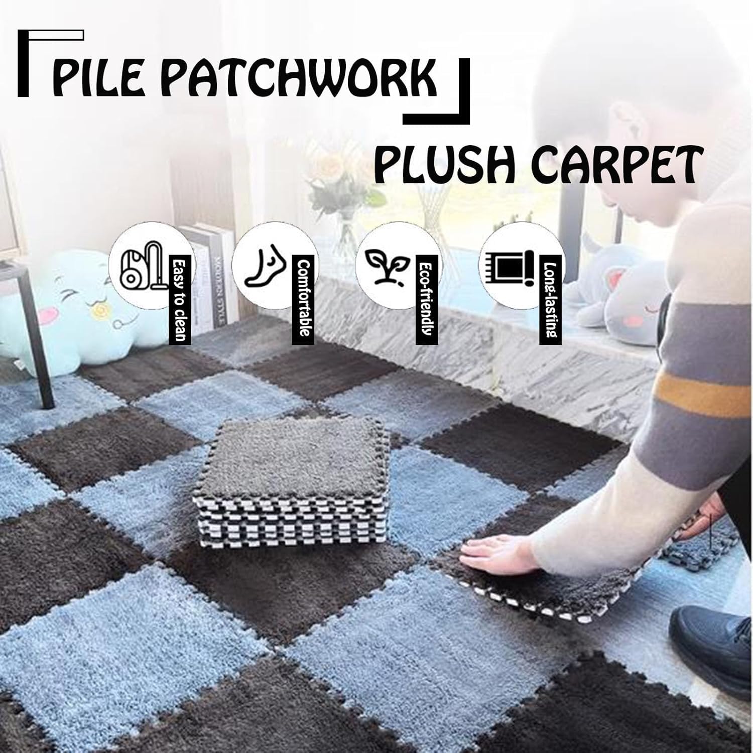 LNNNW Miękka Pluszowe maty puzzle Piankowa pluszowa mata dywanowa, 16 szt. Blokująca mata podłogowa, blokująca mata piankowa, kwadratowa mata podłogowa z puzzlami(Dark Gray+Pink)