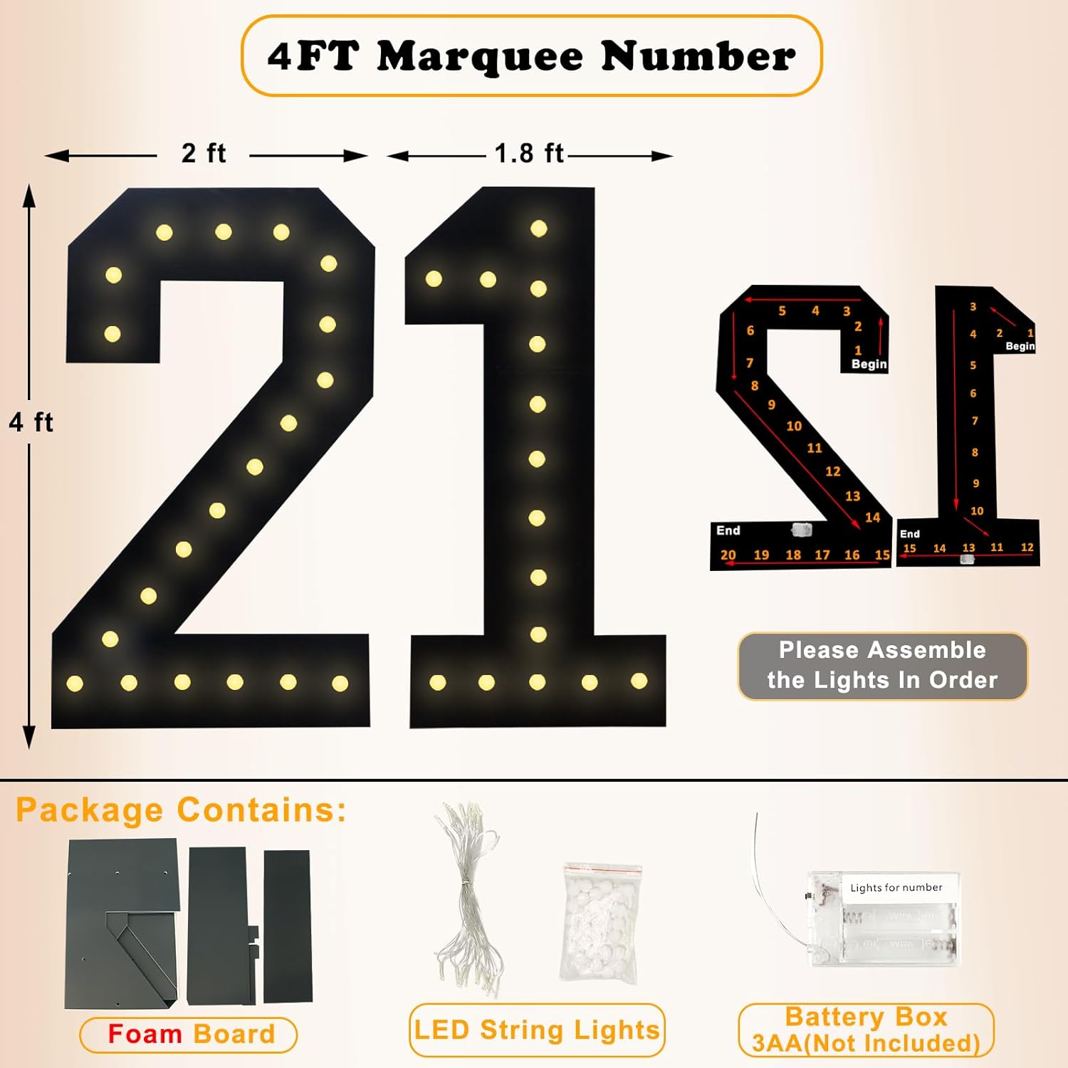 4FT Marquee Light Up Numbers, Black Giant Marquee Number Big Mosaic Number for 21th Birthday Party Decorations Backdrop 21 Anniversary Decor, Pre-Cut Frame Large Number 21 - Image 6