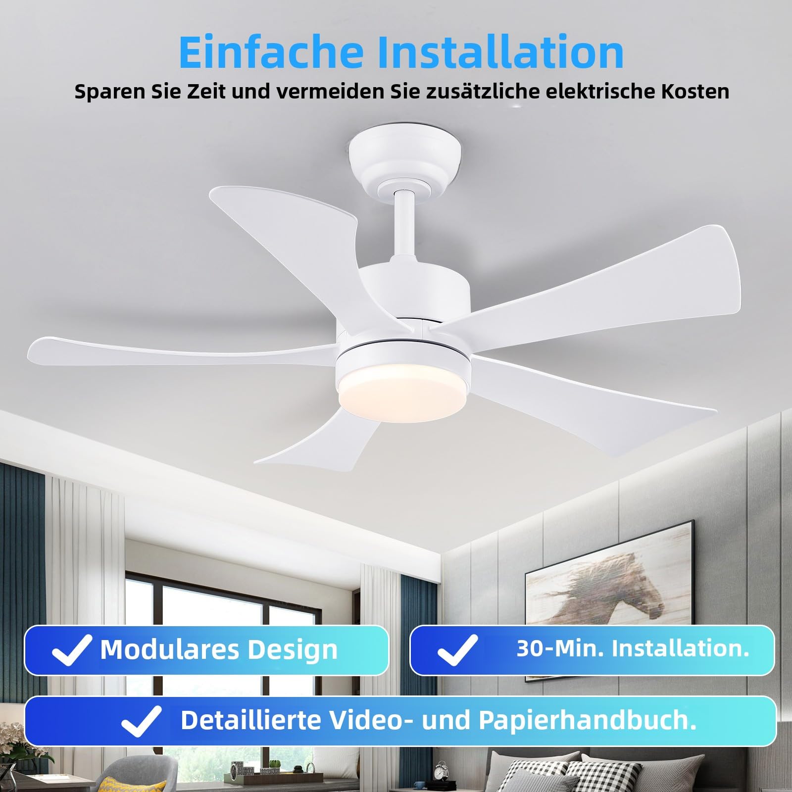 105 cm Deckenventilator mit Licht, Moderner Weißer Deckenventilator mit App-Fernbedienung, DC-Motor (leise), 3CCT dimmbare Beleuchtung mit Memoryfunktion, LED Deckenventilator für Schlafzimmer